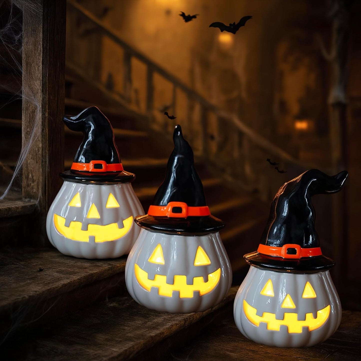 NEROSUN 3 Pack Halloween Light Up Pumpkin Decorations, Ceramic Battery Operated Lighted Jack O Lantern Figurines, Spooky Halloween Ornaments for Indoor Home Fireplace Tabletop Centerpieces
