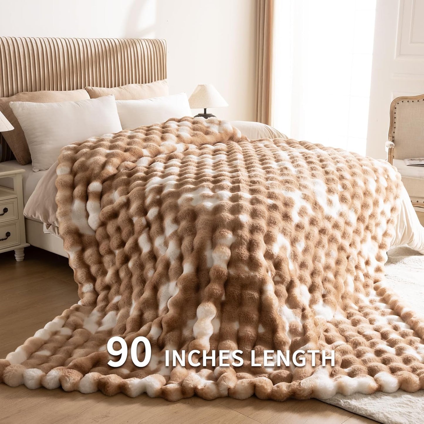 Cozy Faux Fur Throw Blanket for Bed-Warm Fuzzy Throw Blanket, Soft Plush Thick Bubble Blankets for Bedroom and Living Room, Furry Luxury Blanket, 90 x 90, Tie-Dye Brown