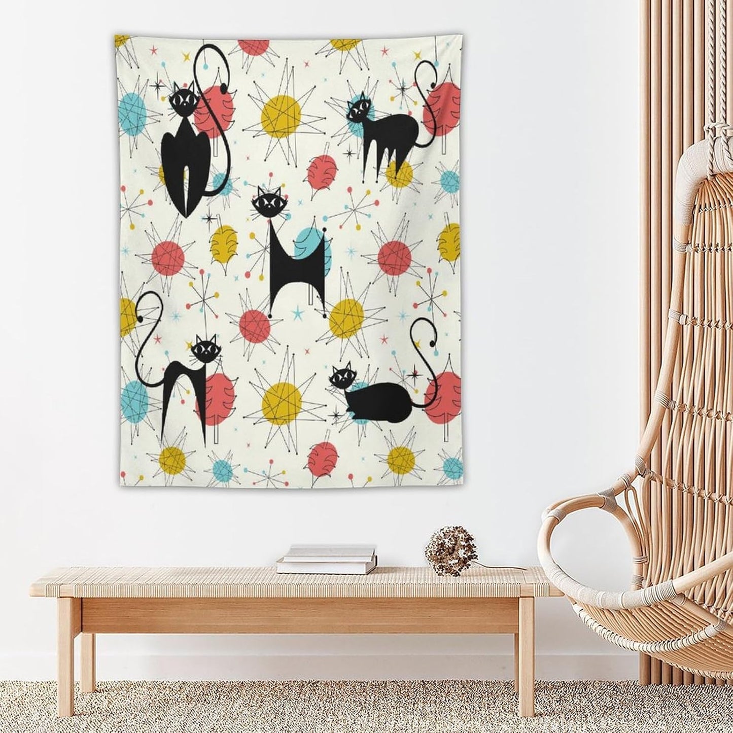 ICMOLYYENLO Abstract Cat Tapestry, Medieval Abstract Atomic Star Cat Vintage Home Wall Hanging Art Tapestry for Bedroom Living Room Dormitory 50x60 Inch