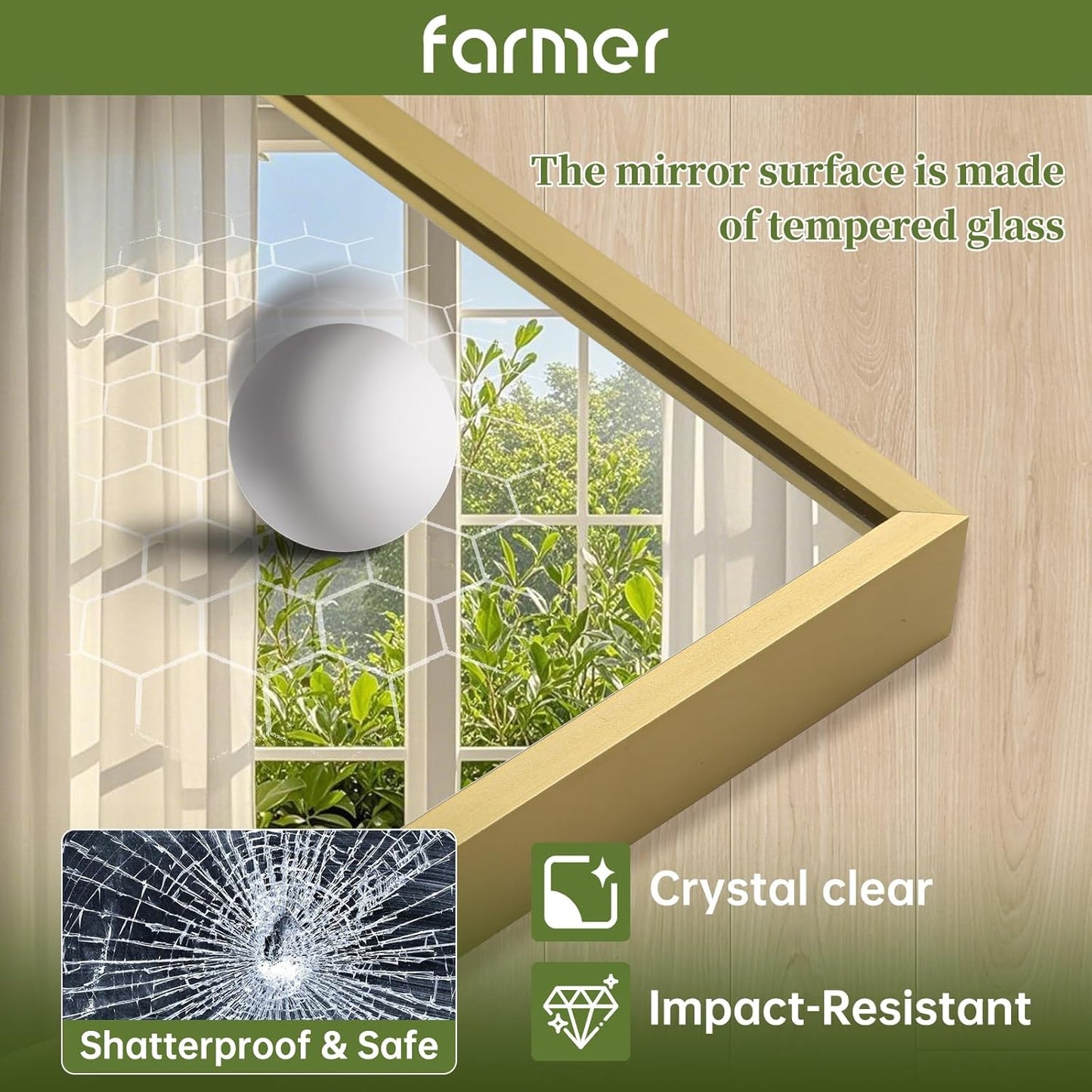 FARMER 26x38 Inch Gold Bathroom Mirror, Rectangle Wall Mounted Mirror, Vanity Mirror, Brushed Square Mirror, Framed Bathroom Mirror for Bedrooms, Entryways, Living Rooms, Horizontal/Vertical