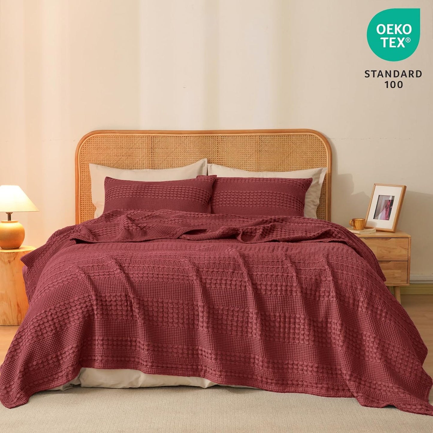 PHF 100% Cotton Waffle Weave Blanket Queen Size, Soft Lightweight Breathable Cozy Summer Blankets for Bed, Luxury Aesthetic Woven Bedding for Home Decor, 90"x90", Wine Red