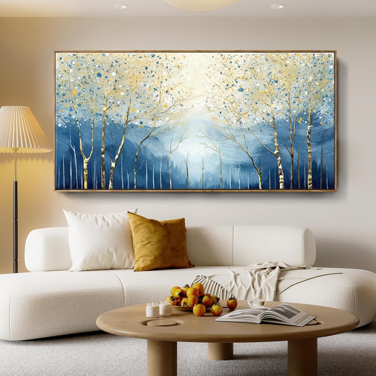 amatop Extra Large Framed Wall Picture for Living Room Abstract Forest Canvas Art Print Modern Landscape Tree of Life Picture Oversized Birch Artwork Bedroom Home Office Decor Blue Orange 58x29 Inch