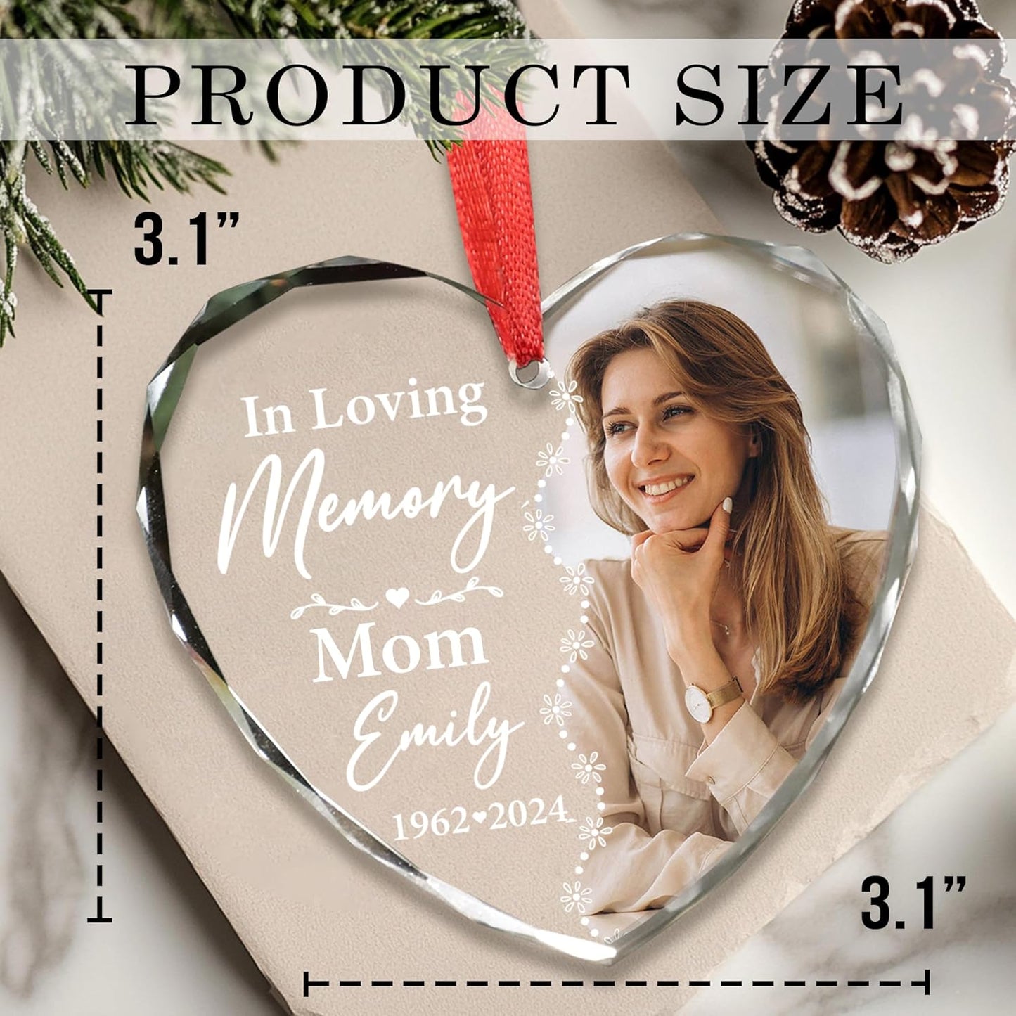 2025 Personalized Memorial Glass Ornament – Christmas-Birthday-Anniversary Keepsake for Loss of Loved One – Custom Photo Name Year – in Loving Memory Heart Clear Decoration