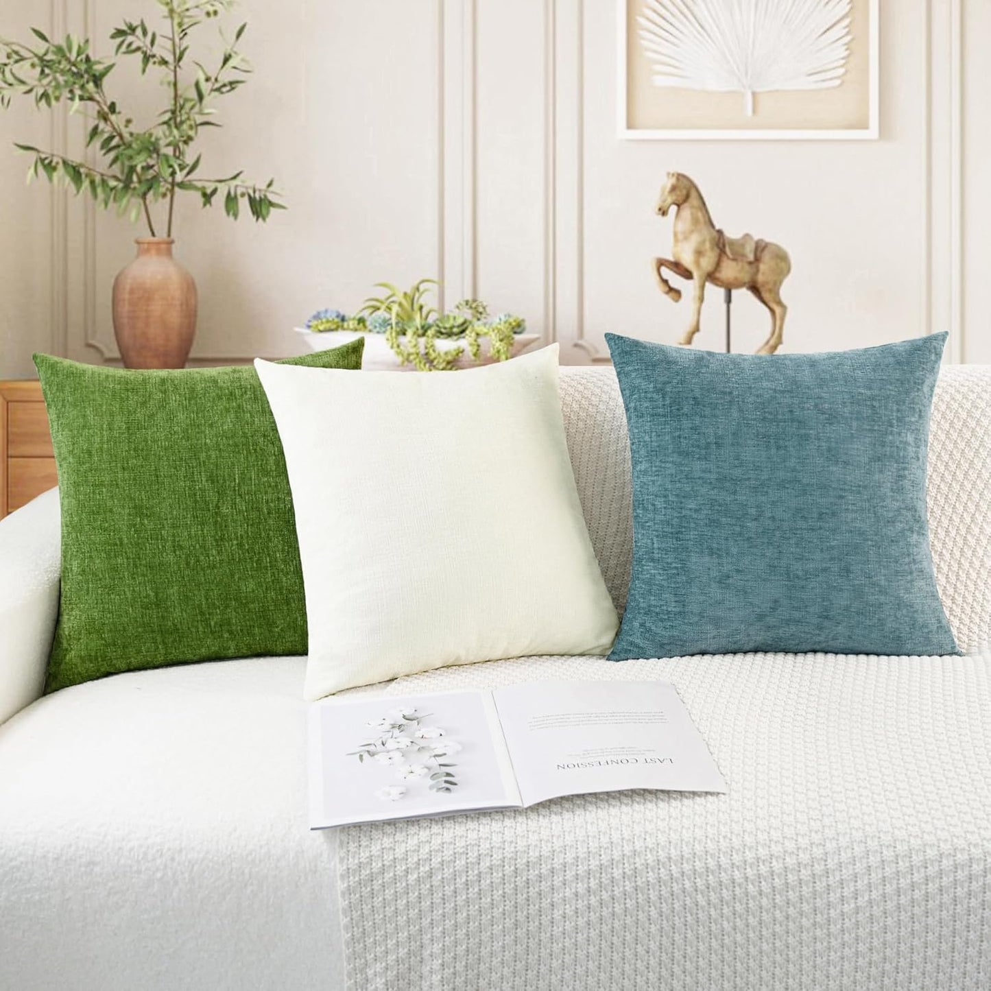 CaliTime Throw Pillow Covers Decorative 24 X 24 Inches Pack of 2 Cozy Chenille Cushion Cases for Couch Sofa Bed Living Room Home Cream