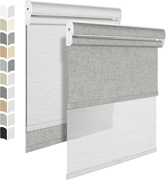 BERISSA Cordless Dual Roller Shades with Cassette Valance,Double Window Shades Blackout and Light Filtering Shades,Day and Night Roller Shades for Home Office Door.Linen Grey and White.62 W x 44" H
