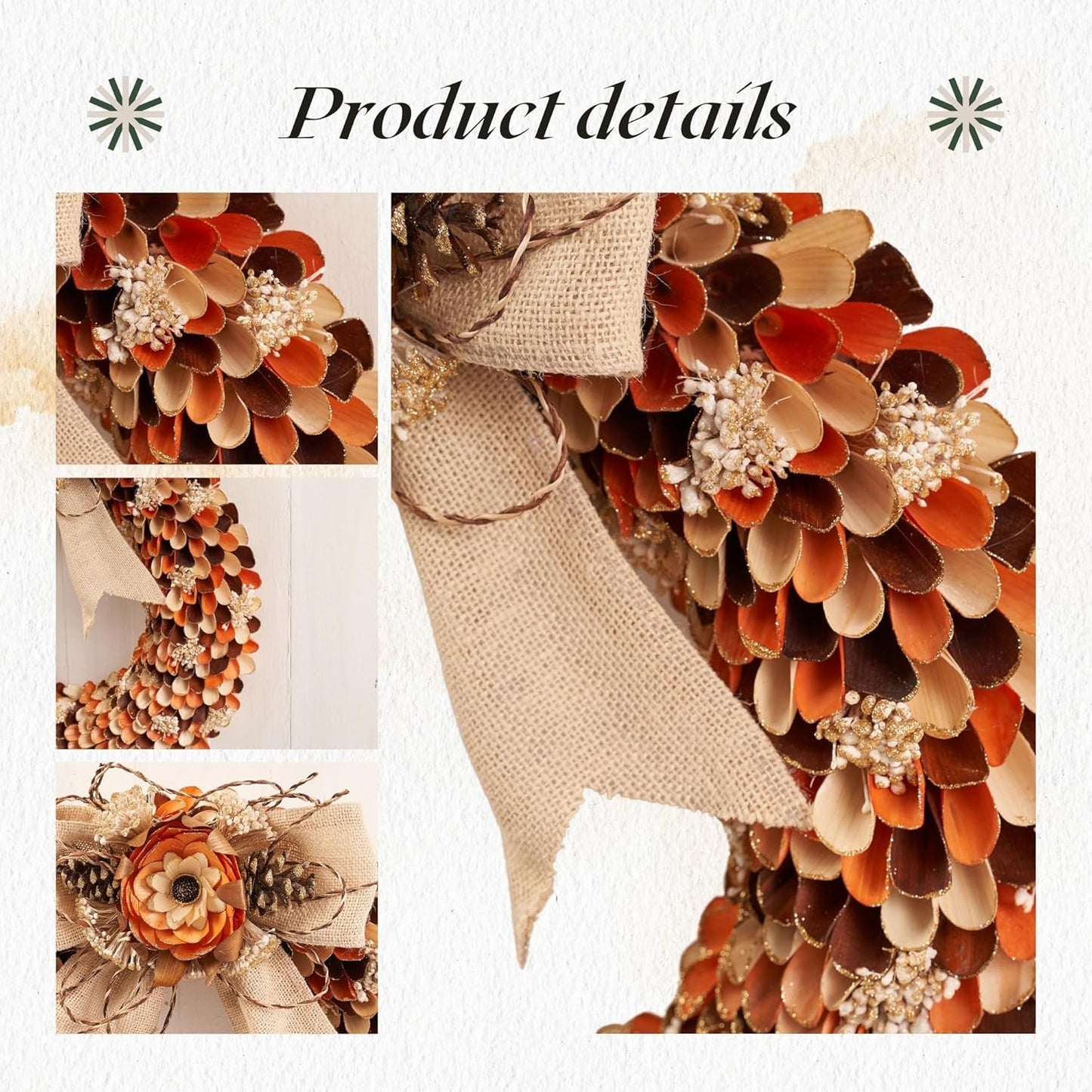 21" Fall Harvest Wood Curl Glitter Tipped Wreath - Premium Handcraft Fall Wreaths for Front Door | Perfect for Autumn & Thanksgiving Decor
