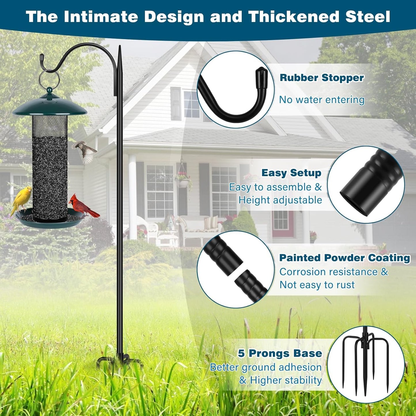 Gtongoko 47 inch Small Shepherds Hooks for Outdoor with 5 Prongs, Adjustable Bird Feeder Pole Garden Hooks for Hanging Lanterns, Plants Baskets, Hummingbird Feeders, 1 Pack