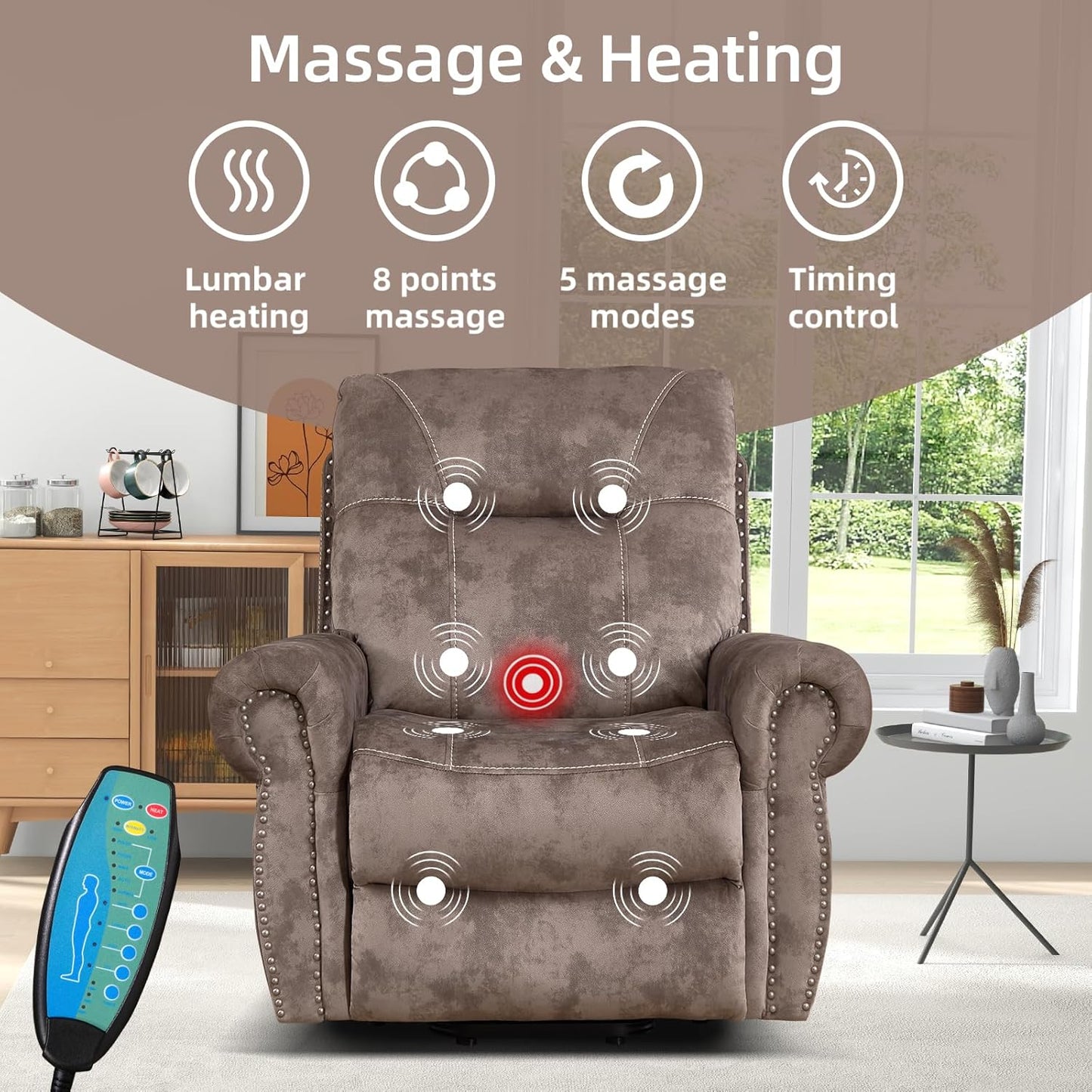 EBELLO 2 Pieces Reclining Couch Furniture Set for Living Room, 1 Seat Power Recliner and a 3 Seater Sofa, Vintage Rivet Mid-Century Design for Living Room, Brown