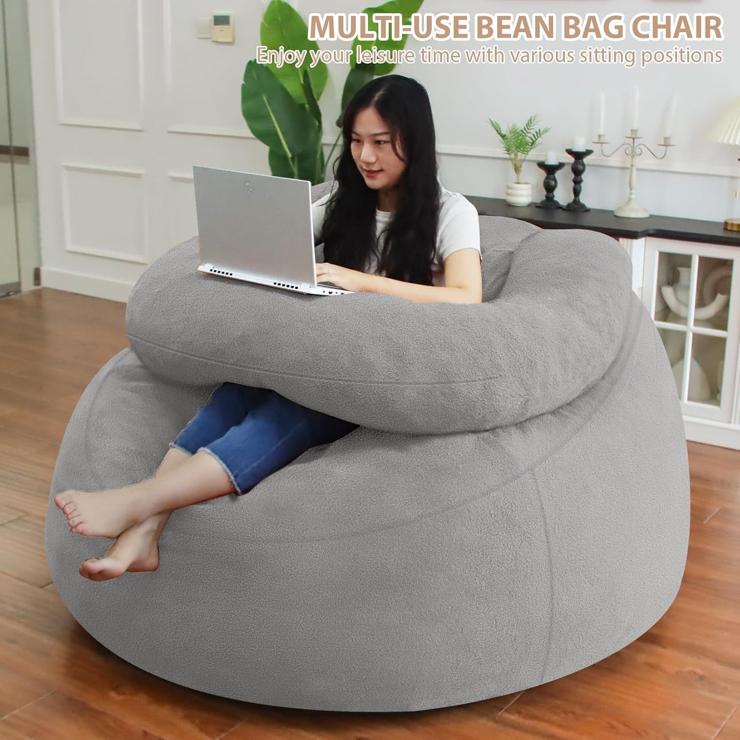 HABUTWAY Bean Bag Chair with U-Shaped Pillow for Adult and Kids Big BeanBag Chair with Filling Ultra Soft Teddy Fleece Couch Chair with Washable Cover for Living Room Bedroom, Light Grey & Light Grey