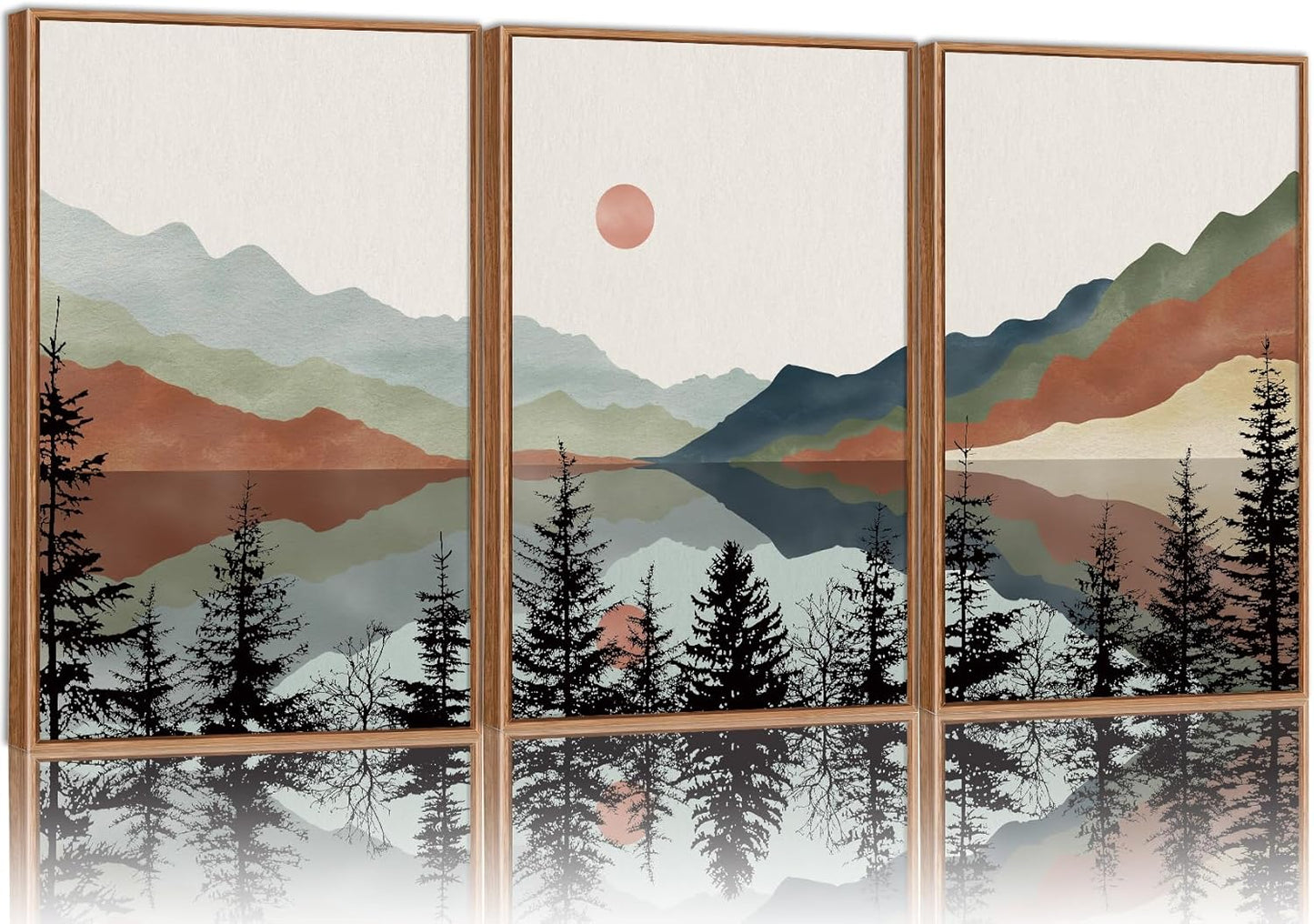 Tinonedraw Boho Mountain Framed Canvas Wall Art Set, Watercolor Nature Landscape Wall Decor, Black Pine Trees Forest Artwork, Neutral Modern Sunrise Art Prints for Living Room Bedroom Office 24"x36"x3