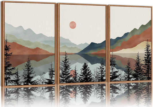 Tinonedraw Boho Mountain Framed Canvas Wall Art Set, Watercolor Nature Landscape Wall Decor, Black Pine Trees Forest Artwork, Neutral Modern Sunrise Art Prints for Living Room Bedroom Office 24"x36"x3