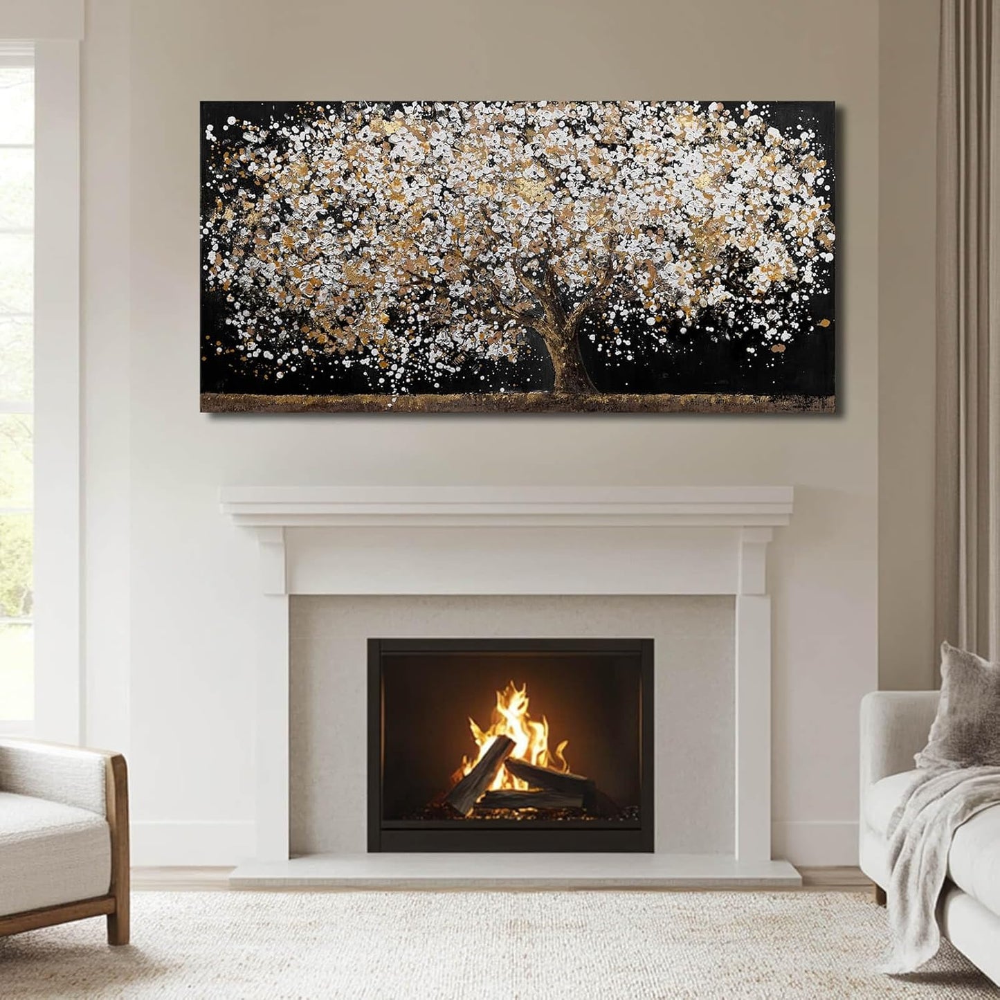 Large Wall Art for Living Room Gold Wall Decorations White Wall Pictures Tree Canvas Wall Art Decor Black Print Photos for Living Room Hotel 29"x58"