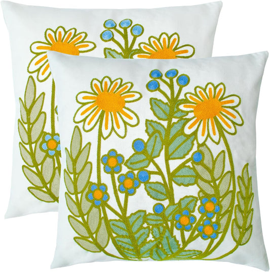 Embroidered Decorative Throw Pillow Cover, 18"x18" Set of 2, Farmhouse Pillowcase Daisy Knit Pattern Cotton Canvas Cushion Case Square Floral Pillow Case for Sofa Couch Bed Living Room…