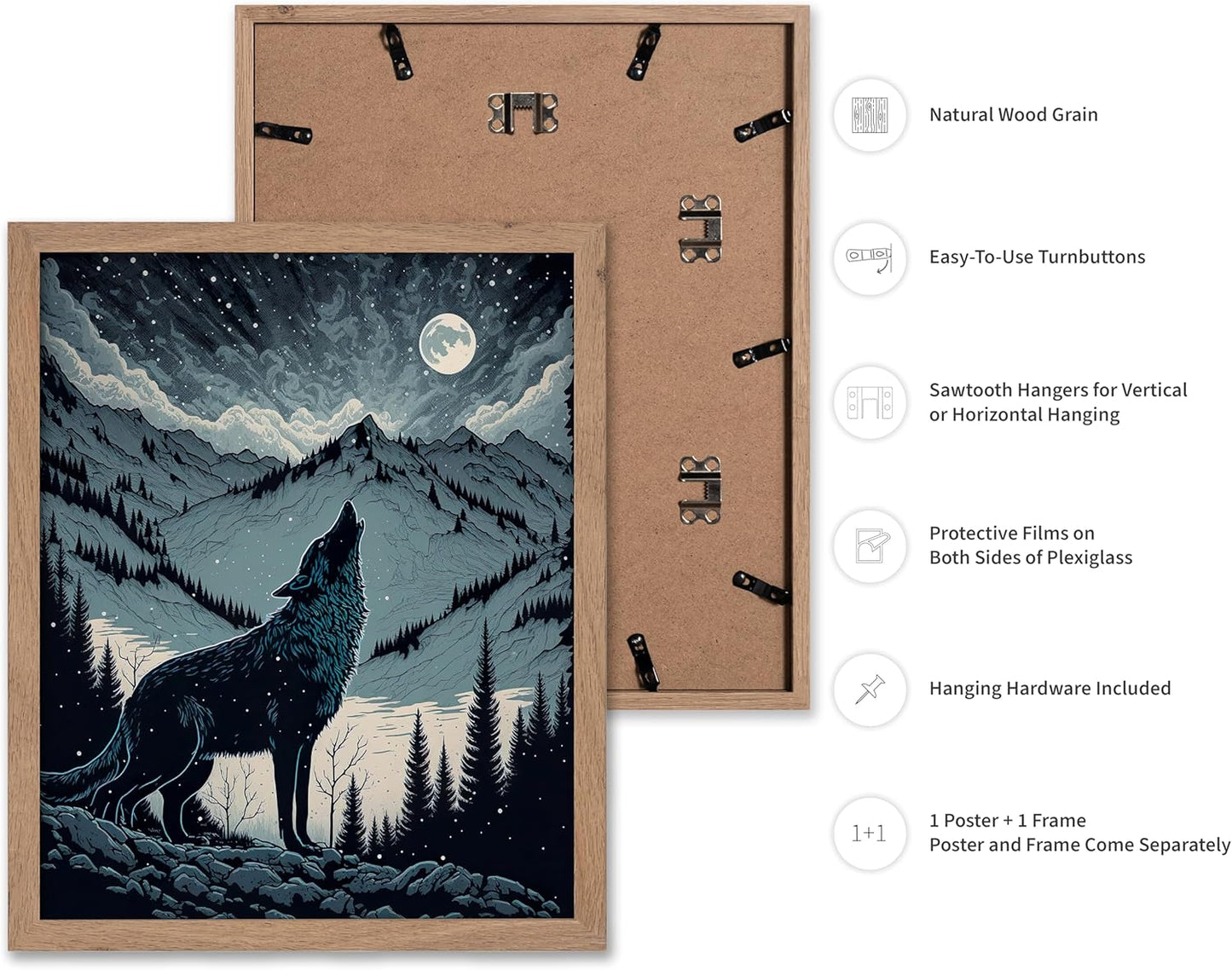 Poster Master Vintage Illustration Poster - Retro Animal Print - Gift for Artist, Friend - Wolf Howling at the Moon, Mountain, Snow, Landscape - Wall Decor for Home, Office, 8x10 Beige Framed