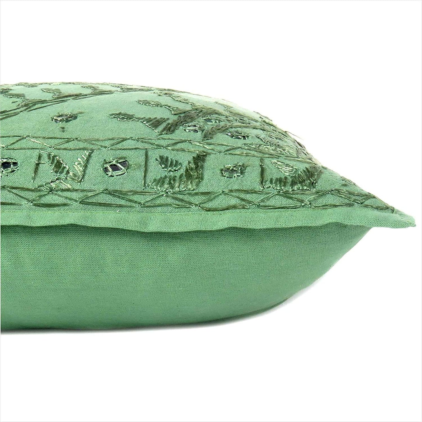 Eyes of India Embroidered Decorative Boho Throw Pillow Cover with Mirrors, Handmade Bohemian Accent Cushion Case for Sofa Couch Bedroom Living Room (Green, 16" x 16")