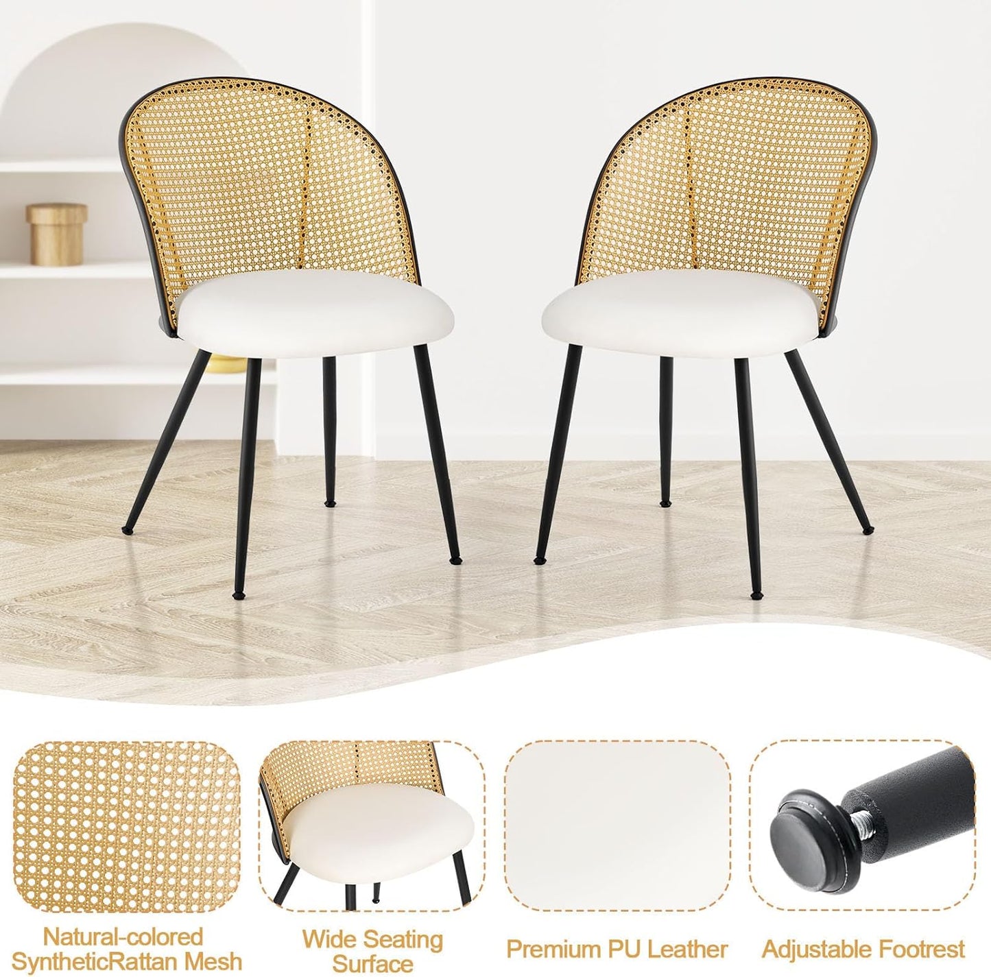 Dining Chairs Set of 6, Mid Century Modern Dining Room Chairs with Rattan Back, Faux Leather Kitchen Dining Chairs Farmhouse Armless Mesh Cane Back Side Chairs with Metal Legs, White
