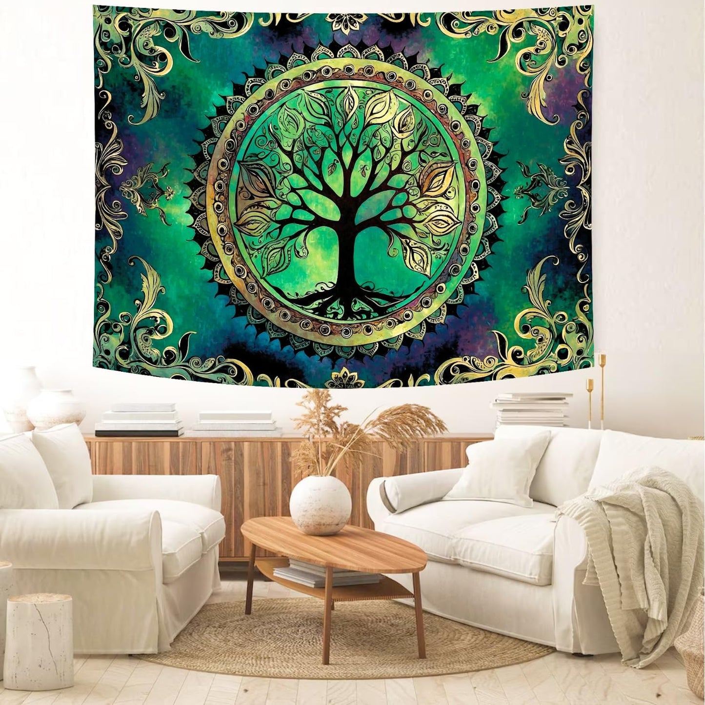 Delur Tree of Life Tapestry Green Nature Bohemian Mandala Spiritual Tapestry Wall Hanging Mystical Landscape Hippie Psychedelic Headboard for Bedroom Living Room Home Decor (70.8" x 92.5")