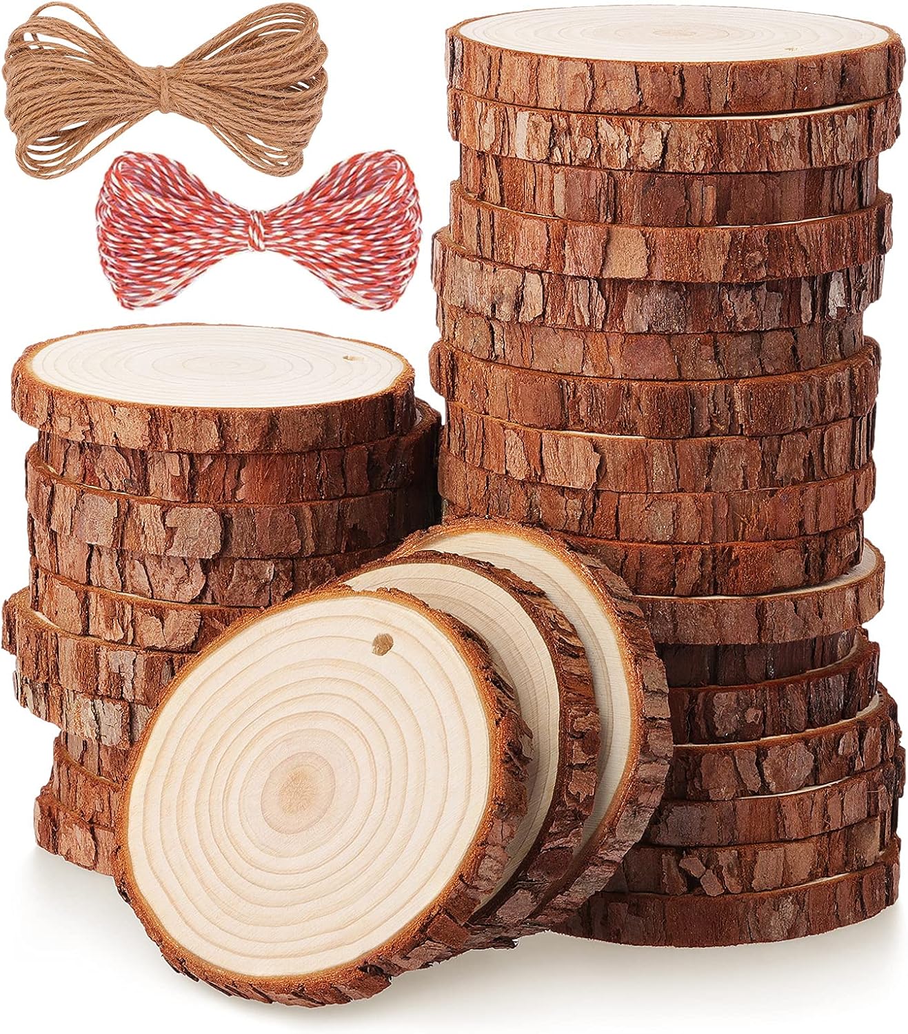 Fuyit Natural Wood Slices, 30 Pcs 3.1-3.5 Inch Unfinished Predrilled Wooden Circles Tree Slice with Hole for DIY Arts Craft Christmas Ornaments
