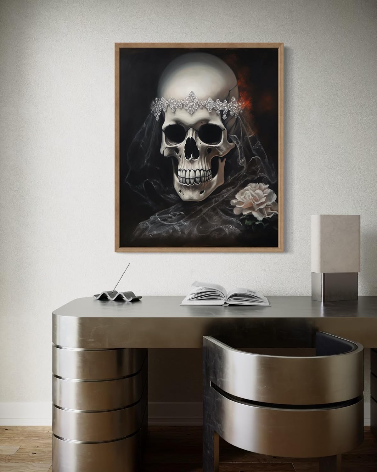 Skull Bride Poster Art Print, Halloween Scary Vintage Wall Art Academia Spooky Painting Decoration for Horror Prints, Gothic Posters Bedroom Decor 89 (Skull Bride, 8 x 10 inches, Wood Frame)