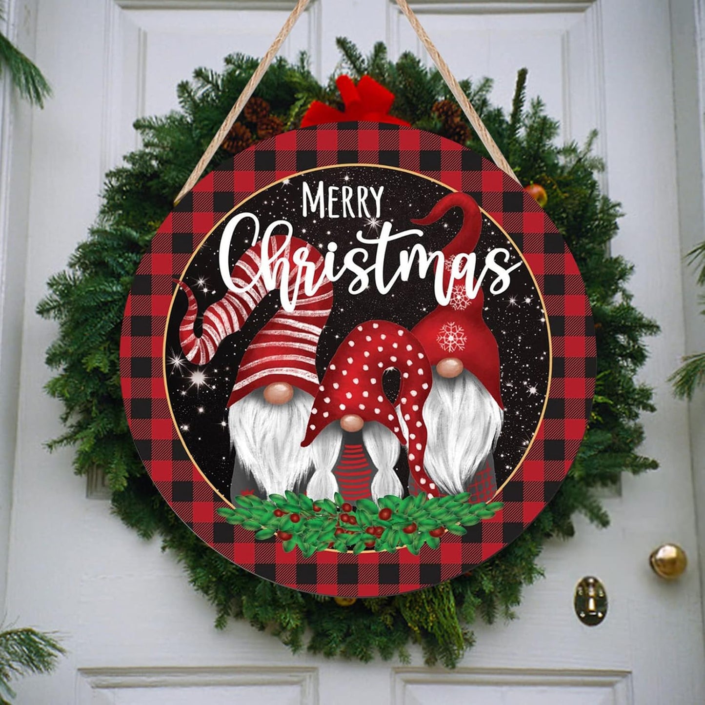 Christmas Gnome Wooden Hanging Sign Door Decoration,Merry Christmas Welcome Sign Front Door with Three Dwarfs for Christmas Home Window Wall Farmhouse Indoor Outdoor