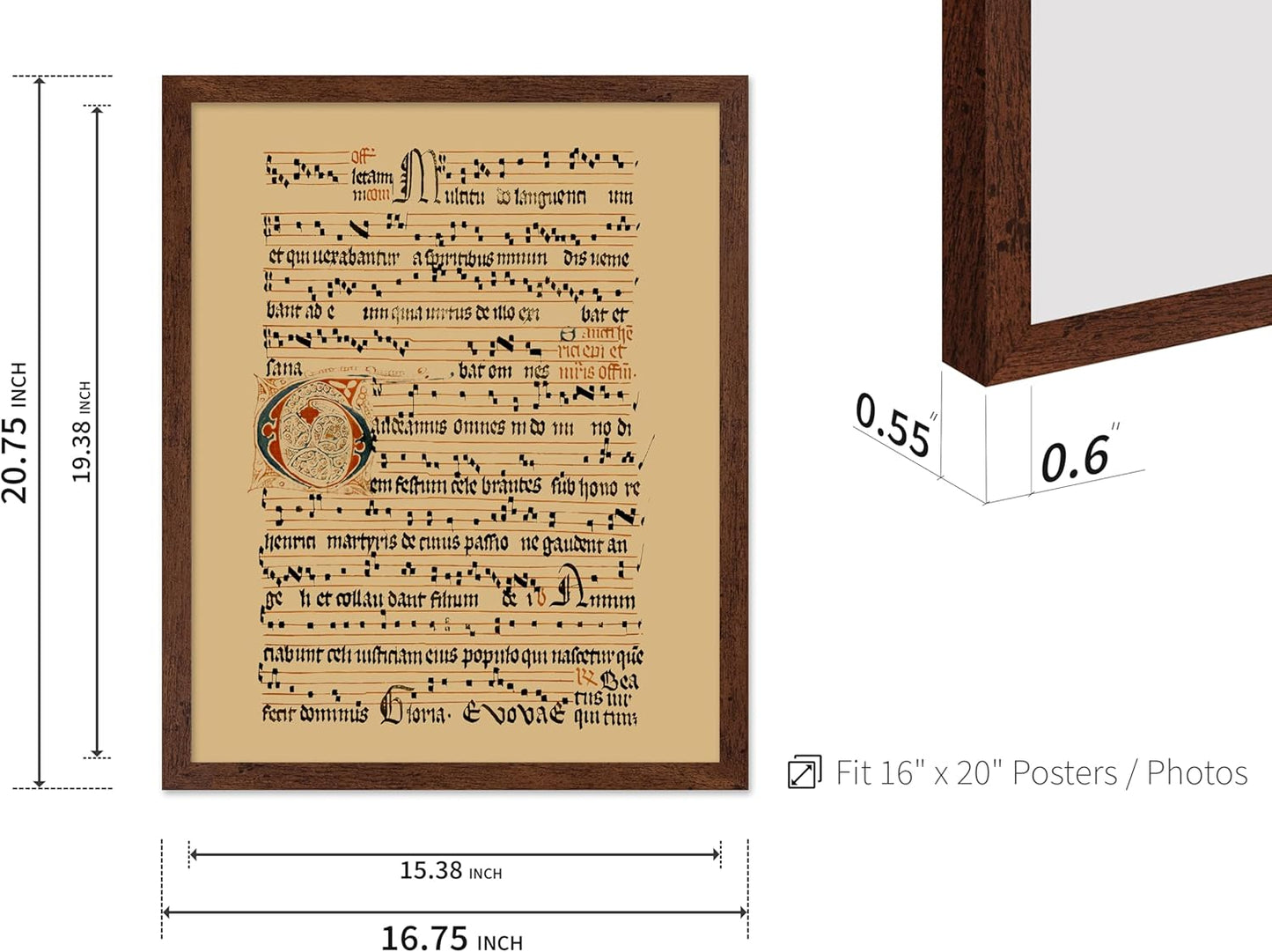 Poster Master Vintage Hymnal Poster - Retro Music Print - Gift for Artist, Friend - Graduale Aboense, Gregorian Chant Manuscript, Score - Wall Decor for Living Room, Bedroom, 16x20 Brown Framed