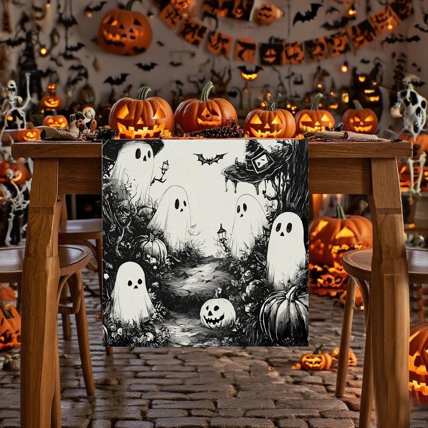 GPGHE Halloween Table Runner Black Ghost Holiday Burlap Table Decoration Indoor Outdoor Home Decor Party Supply 13 x 48 Inch