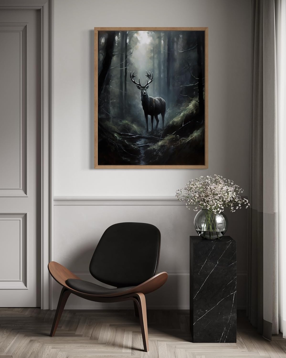 Deer in Forest Poster Art Print, Halloween Scary Vintage Wall Art Academia Spooky Painting Decoration for Horror Prints, Gothic Posters Bedroom Decor 89 (Deer in Forest, 8 x 10 inches, Wood Frame)