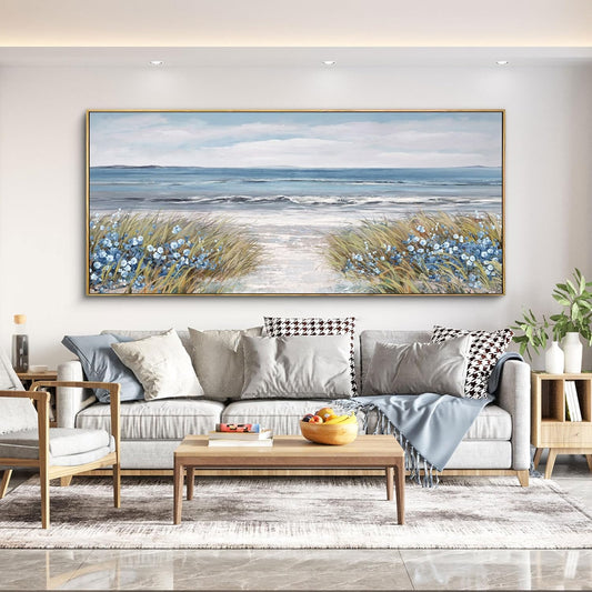 XLSJERST Extra Large Framed Wall Art for Living Room Decor - Farmhouse Boho Beach Coastal Vintage Floral Ocean Wall Picture Flowers Sea Canvas Print Artwork for Home Bedroom Office