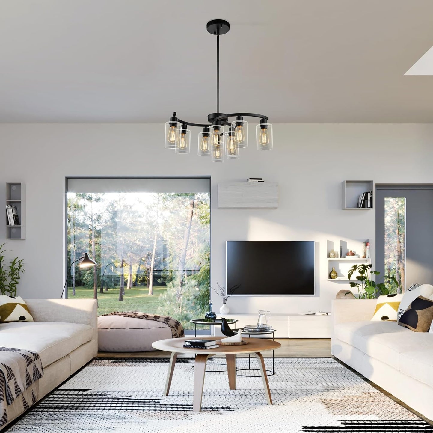 9-Light Black Modern Chandeliers for Dining Room, Adjustable Height Farmhouse Kitchen Island Lighting, Industrial Hanging Light Fixtures for Living Room Bedroom, Clear Glass Shade