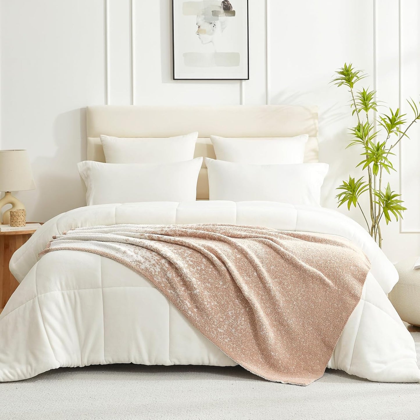 Snuggle Sac Buttery Beige Blanket Twin Size for Bed and Sofa, Reversible Super Soft Blankets Warm Cozy Knit Fuzzy Plush Blankets for Couch, Picnic, Ombre Beige, 60x80 inches