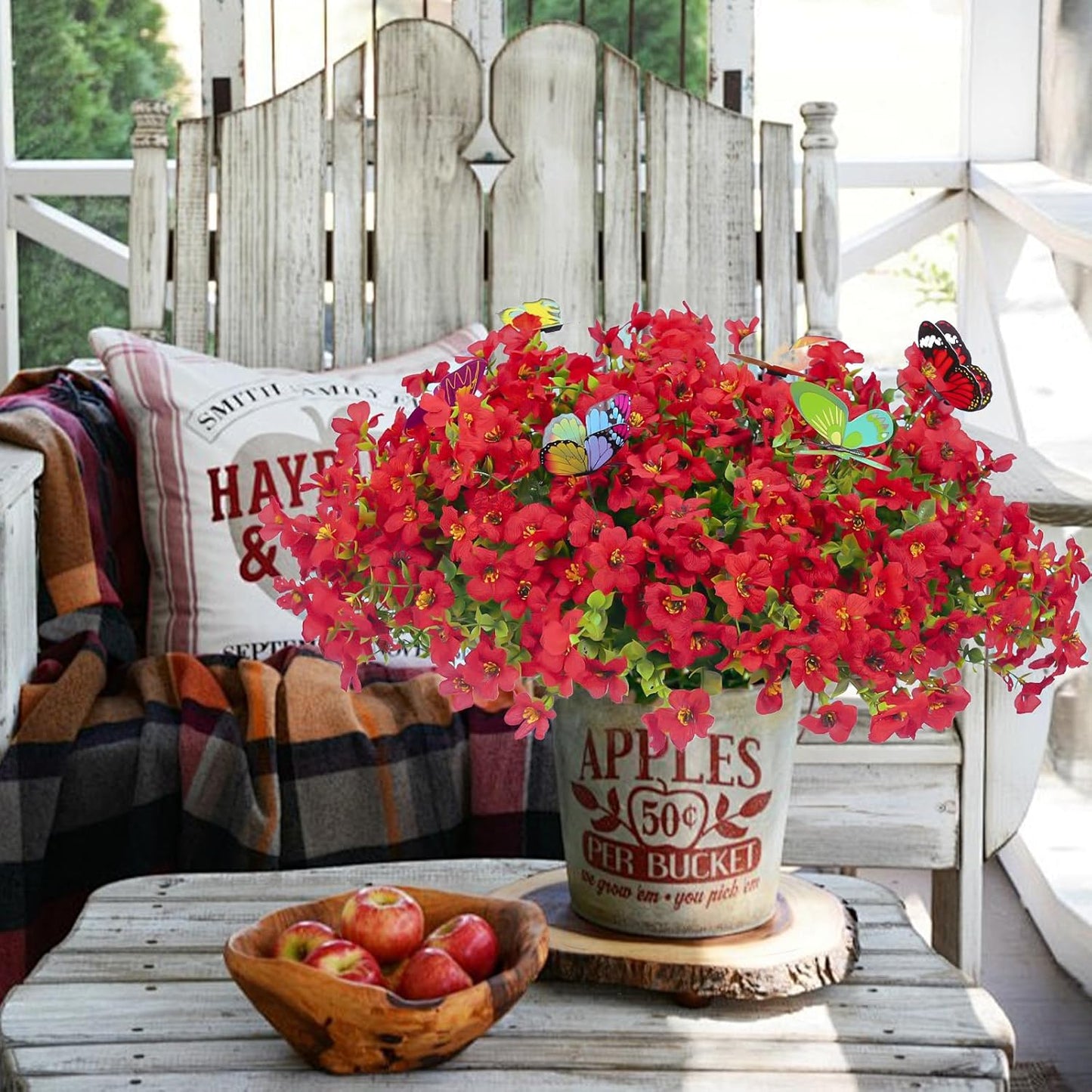 ‌20 Bundles Artificial Flowers for Outdoors‌ with 6 Faux Butterflies, UV Resistant ‌Fake Flowers‌ with Eucalyptus Leaves, ‌Artificial Plants Outdoor‌ for Patio Garden Porch Home Decor (Red)