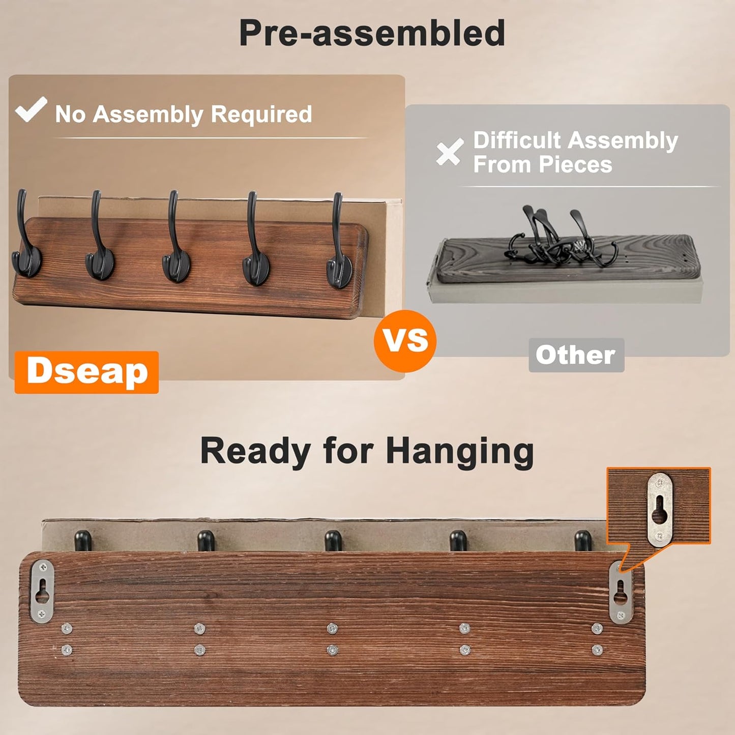 Dseap Coat Rack Wall: Patented, Heavy-Duty, 17.4" Long 5-Double-Hooks Wooden Wall Mounted Coat Rack Coat Hanger Hook Rail for Winter Coats Hat Jacket Clothing, Weathered Brown