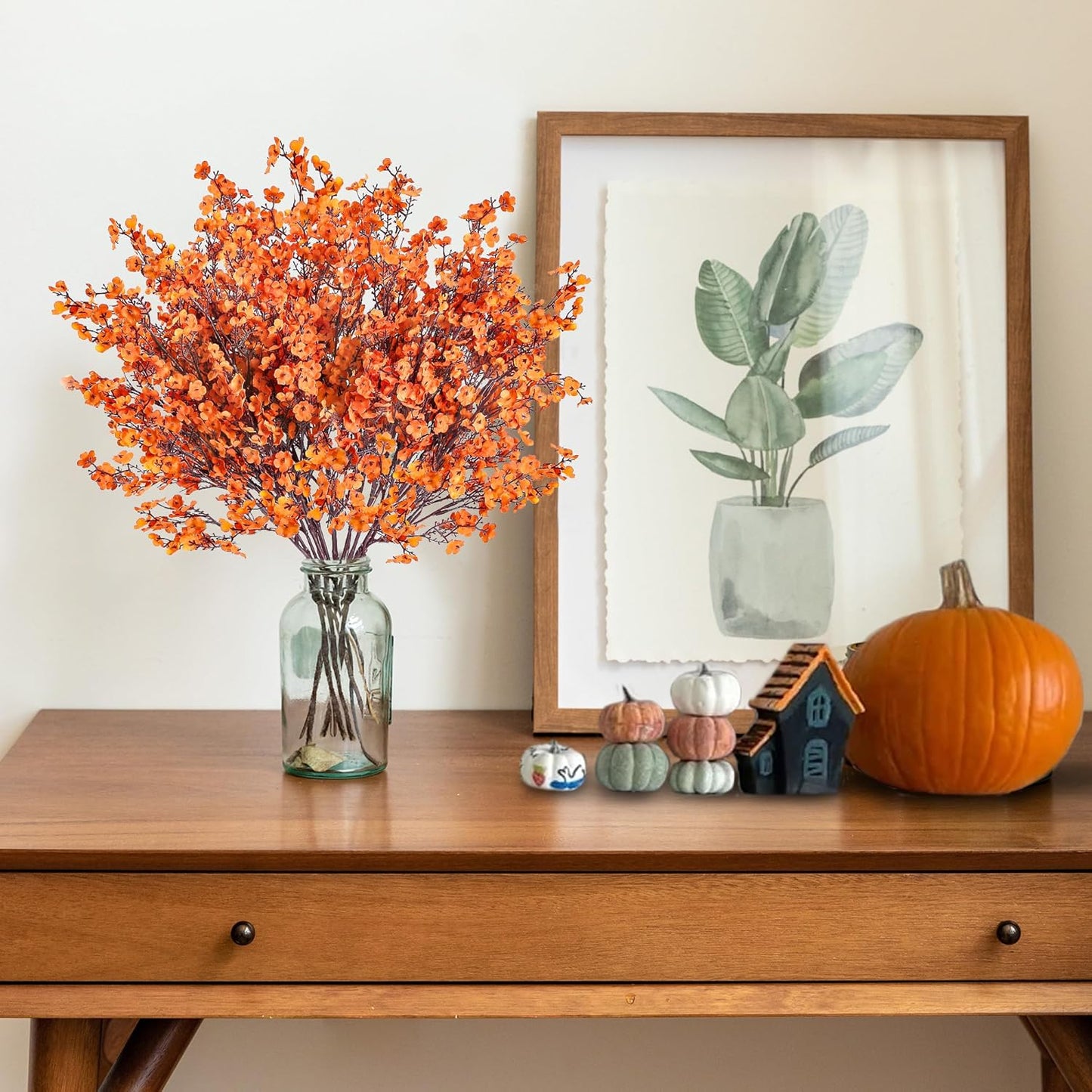 Sggvecsy 15 Pcs Babys Breath Artificial Flowers Gypsophila Bouquets Bulk Real Touch Fake Silk Flowers for Home DIY Floral Arrangement Table Centerpiece Fall Autumn Decoration (Fall Orange)