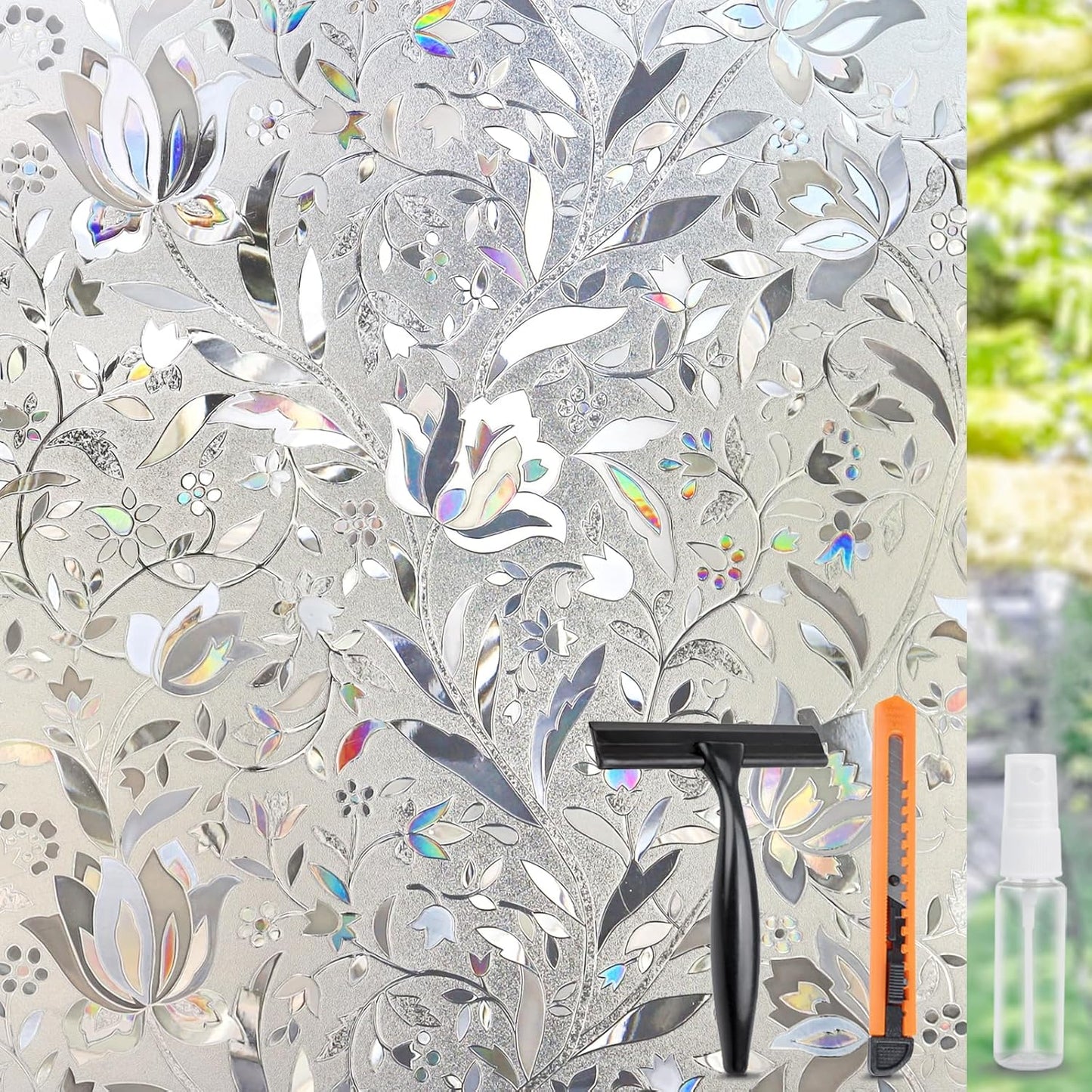 HIDBEA Window Privacy Film, 3D Stained Glass Static Cling - Sun Blocking Anti-UV Heat Control, Reusable Decorative Film for Home/Office Doors, Rainbow Tulip Design (29.5 in x 78.7 in)