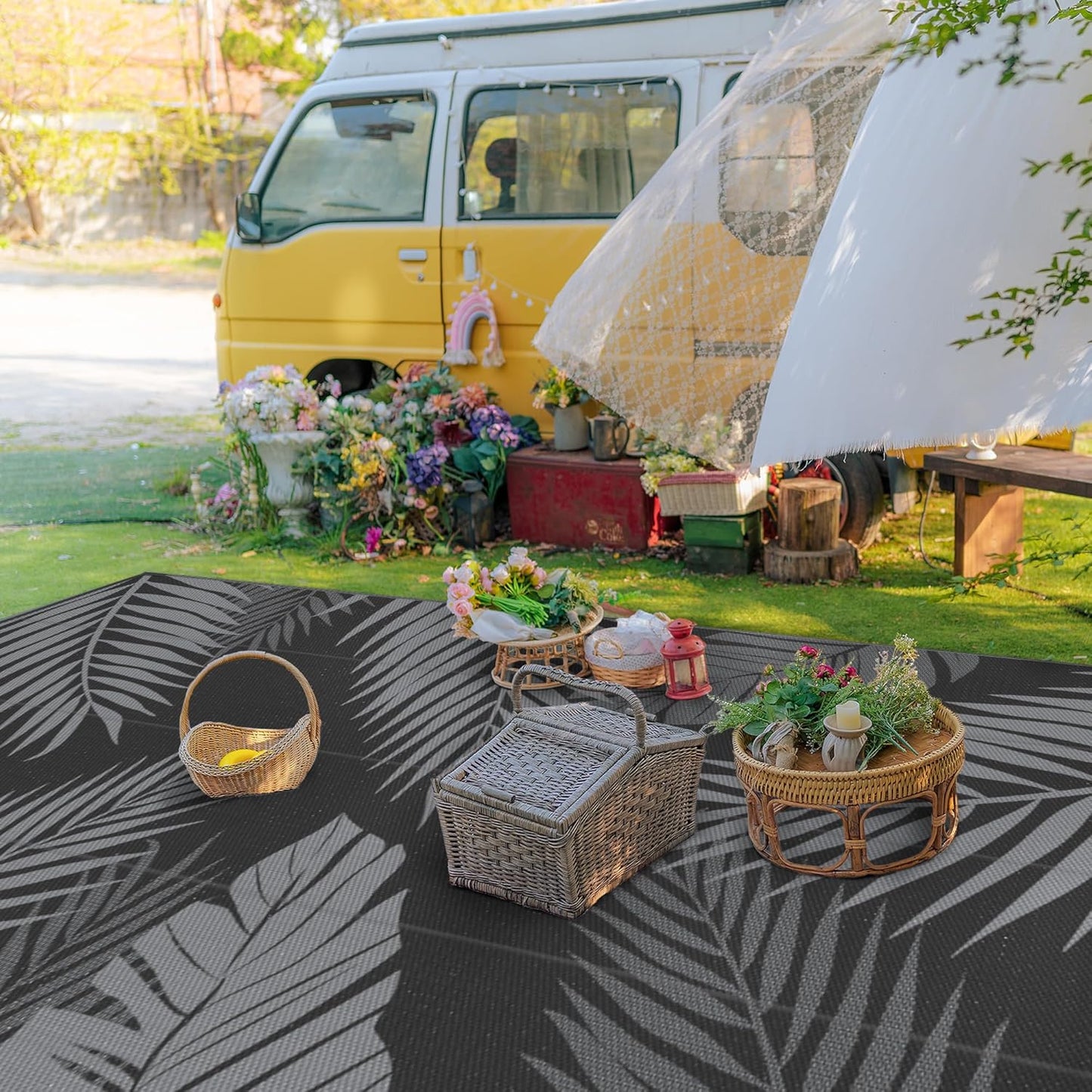 GENIMO Outdoor Rug 10' x 14' Waterproof for Patios Clearance, Reversible Outdoor Plastic Straw Camping Rug Carpet, Large Area Rugs Mats for RV, Camper, Deck, Balcony, Porch, Beach, Picnic, Black&Grey