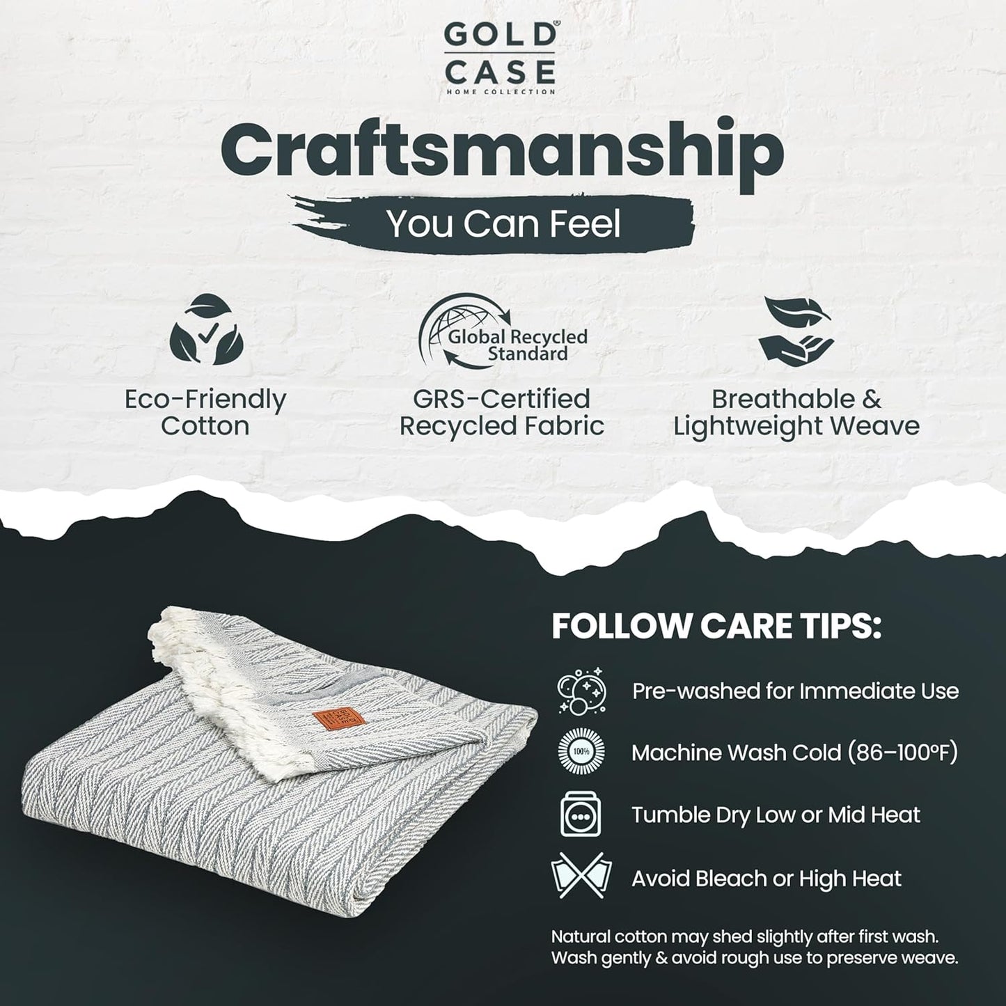 Gold Case Throw Blanket for Couch – 100% Recycled Turkish Cotton Blankets & Throws – Elegant Decorative Throw Blankets for Living Room Sofa – Woven Throws for Couch – Vintage Grey– 60x80