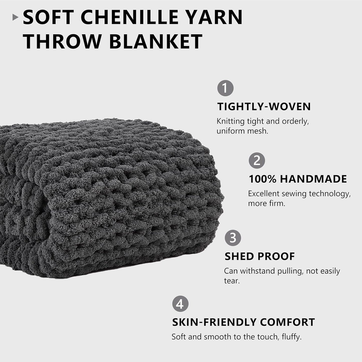 L'AGRATY Chunky Knit Blanket Throw - Soft Chunky Throw Blanket 50x60: 100% Hand Kintted Chenile Crochet Throw Blanket for Couch - Large Cable Knit Chunky Blanket for Home Decor(Dark Grey)