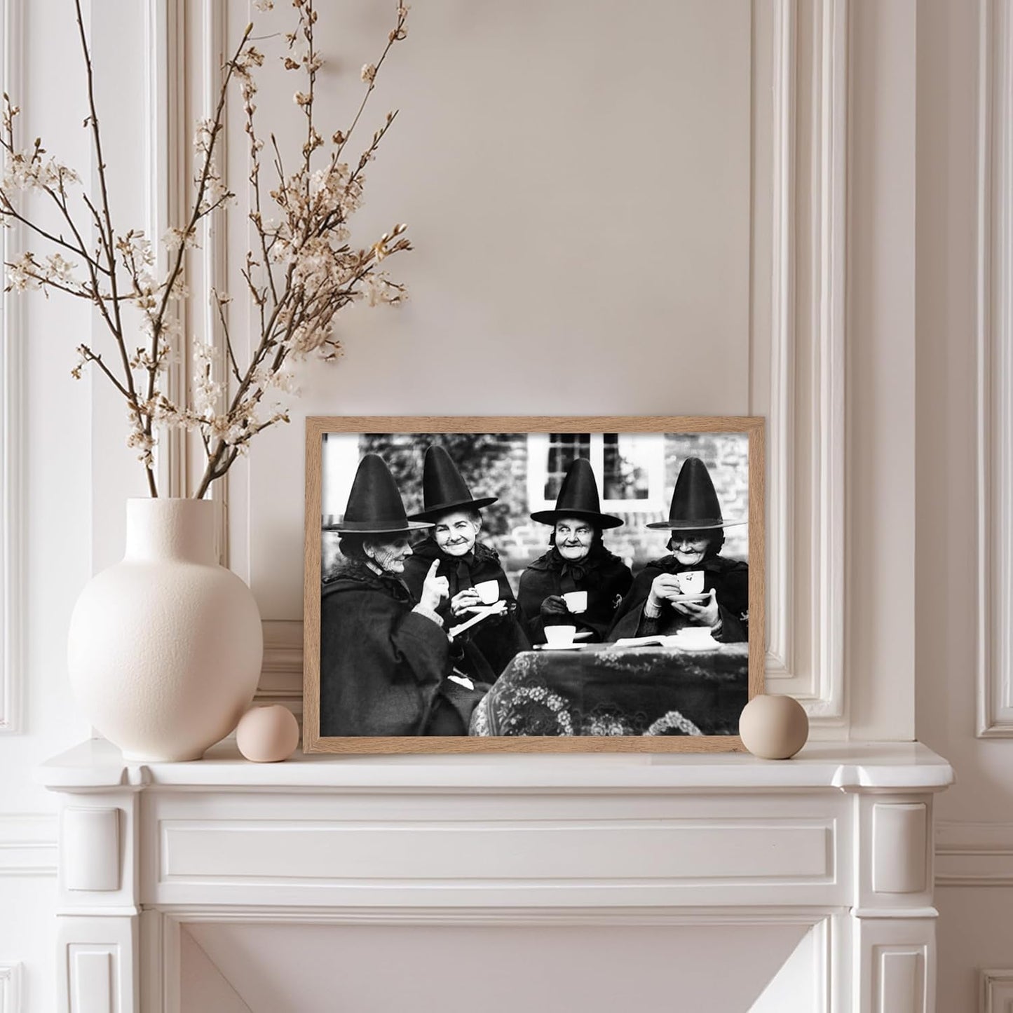 Poster Master Classic Photograph Poster - Vintage Halloween Print - Gift for Artist, Friend - Witches Tea Party, Old Women Smiling, Wearing Robes - Wall Decor for Living Room, 11x14 Beige Framed