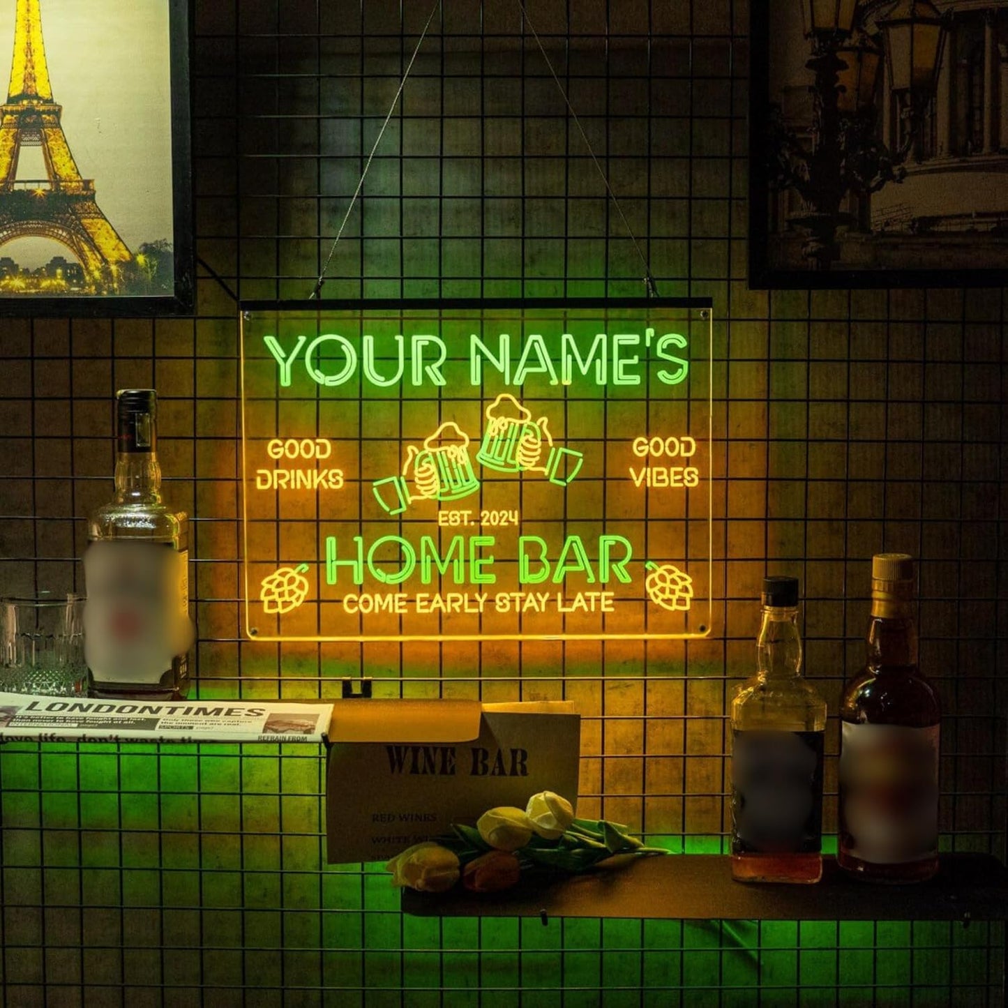 Personalized Bar Signs with Your Name for home wall light up with personalized pub name, man cave accessories, beer themed neon customizable lighted sign