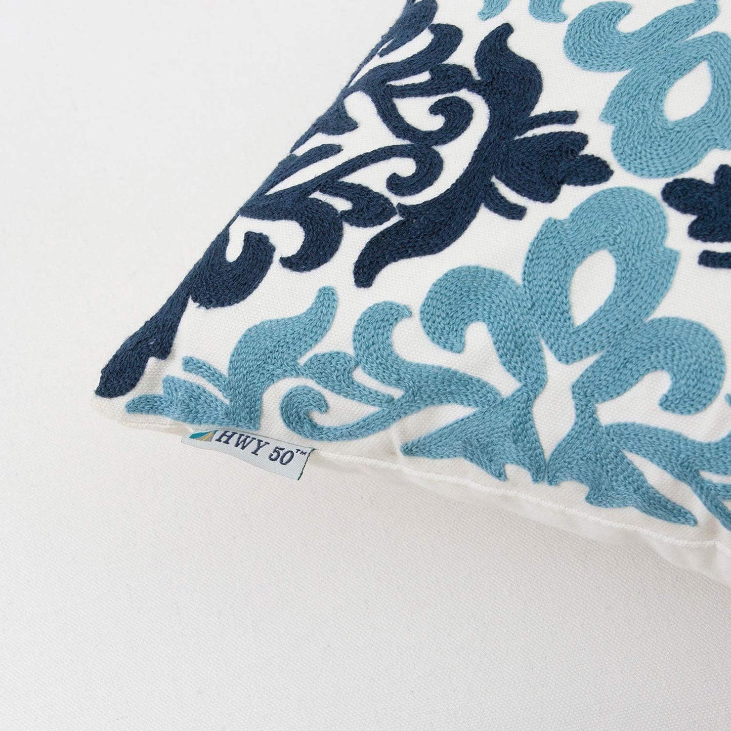 HWY 50 Blue Decorative Throw Pillow Covers 18x18 Inch (1 Piece), Embroidered Cotton Farmhouse Cushion Cover Pillow Case for Sofa Couch Living Room Bed Bedroon, Floral Geometric