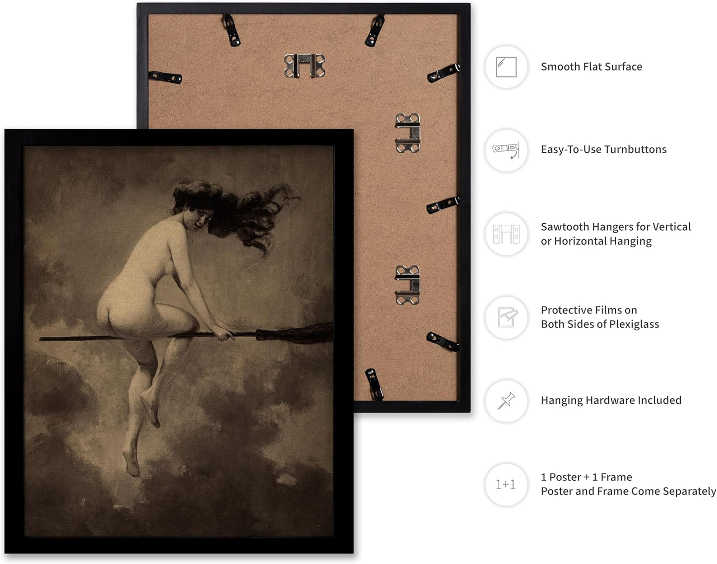 Poster Master Vintage Albert Joseph Penot Poster - Retro Halloween Print - Gift for Artist, Friend - Departure for the Sabbath, Naked Witch on Broom - Wall Decor for Bedroom, 16x20 Black Framed