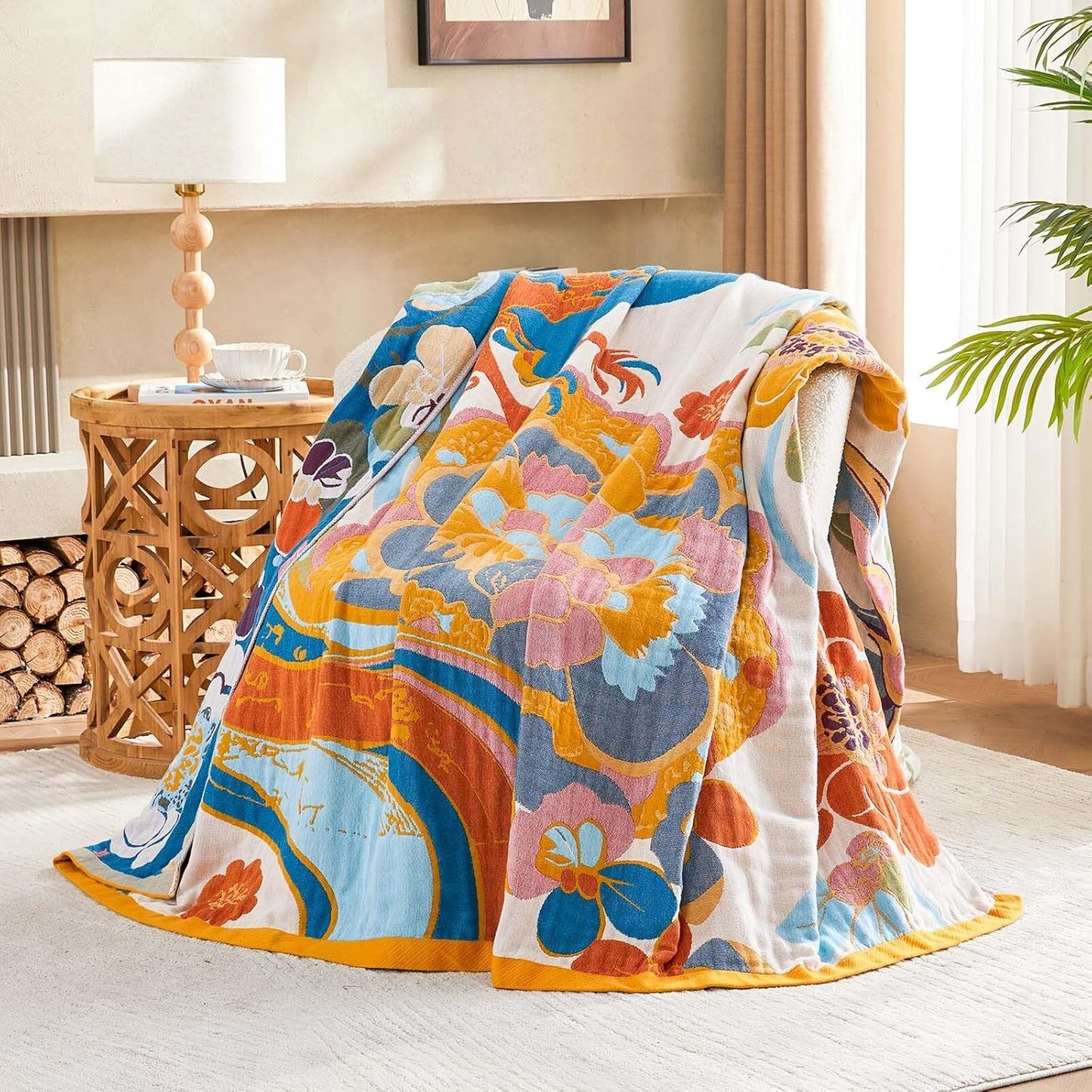 Boho Throw Blanket, Lightweight Blankets for Summer, 100% Cotton Bohemian Decorative Throw Blanket, 80"x90" Reversible Muslin Breathable Woven Farmhouse Blankets Quilt,