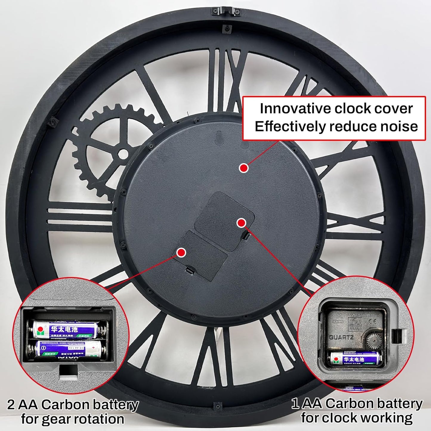 The B-Style Large Wall Clock 24 inch Moving Gear Wall Clock Oversized Vintage Farmhouse Wall Clocks for Living Room Decor Rustic Industrial Wood Clock (Carbon Gray, 36 inch/90cm)