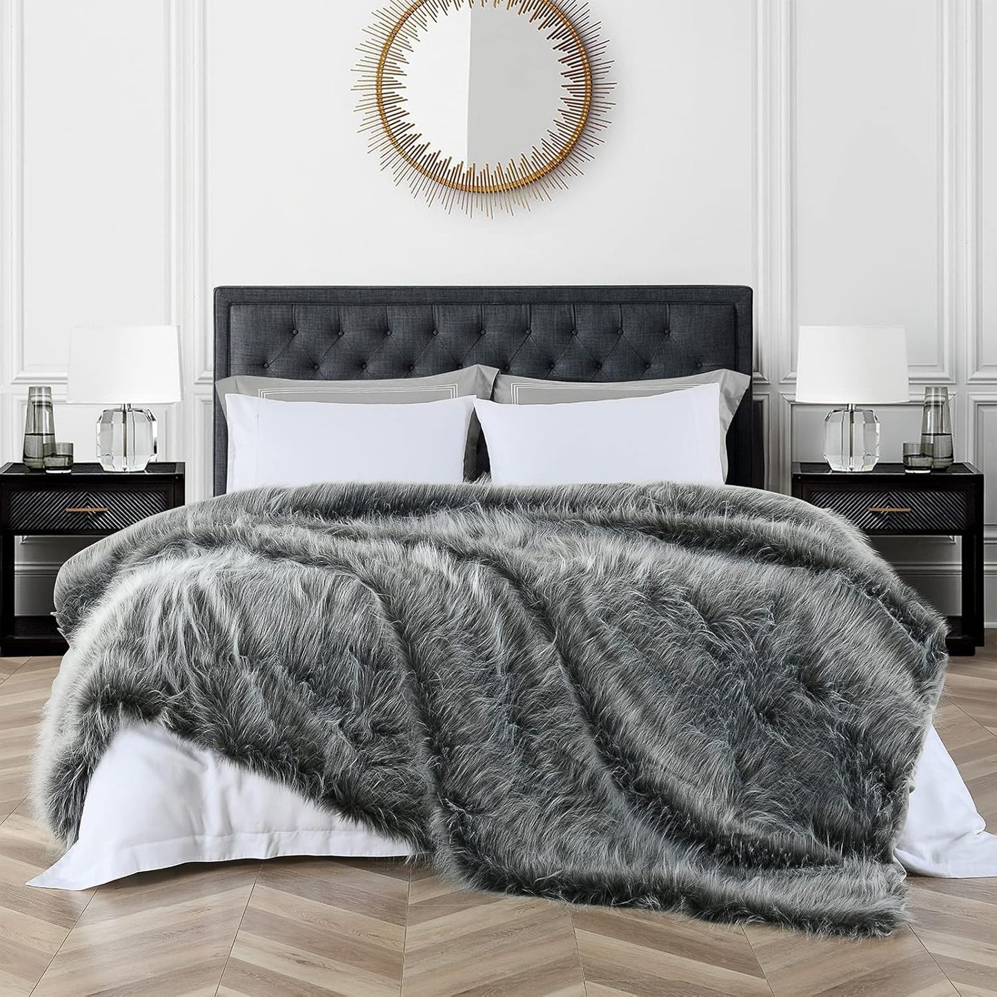 Luxury Faux Fur Blanket Queen Size, Ultra Big Grey and Black High Pile Mixed Faux Fur Throw, Oversized Super Warm, Fuzzy, Elegant, Fluffy Decoration Throw Blanket for Sofa, Couch and Bed, 90''x 90"
