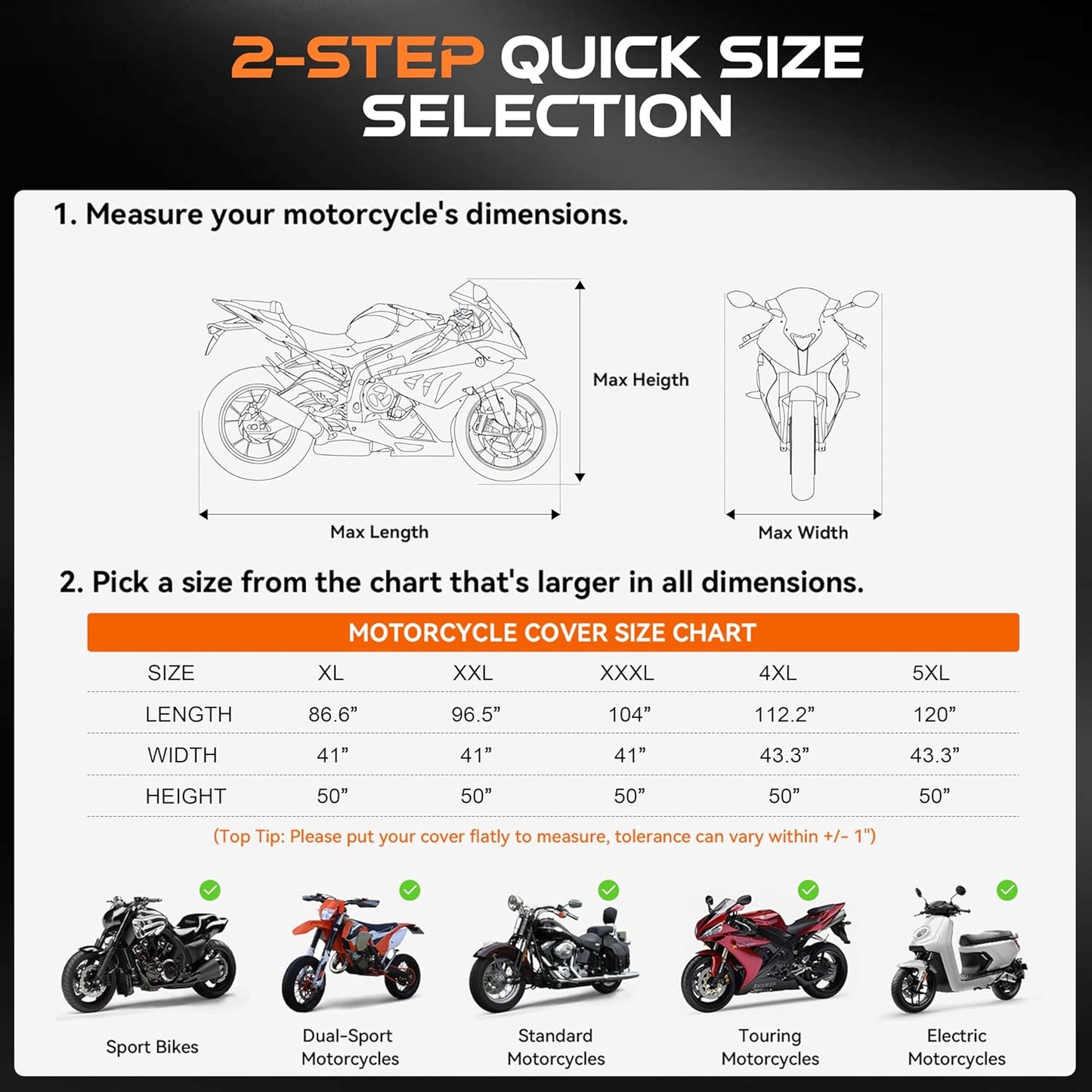 Motorcycle Cover Waterproof Outdoor, 300D Heavy Duty, UV & Rain Resistant, Windproof with 3 Buckles, Fits Most Motorcycles, Cruisers, Sportbikes, Dirt Bikes, Scooters up to 112.2"- 4XL Size
