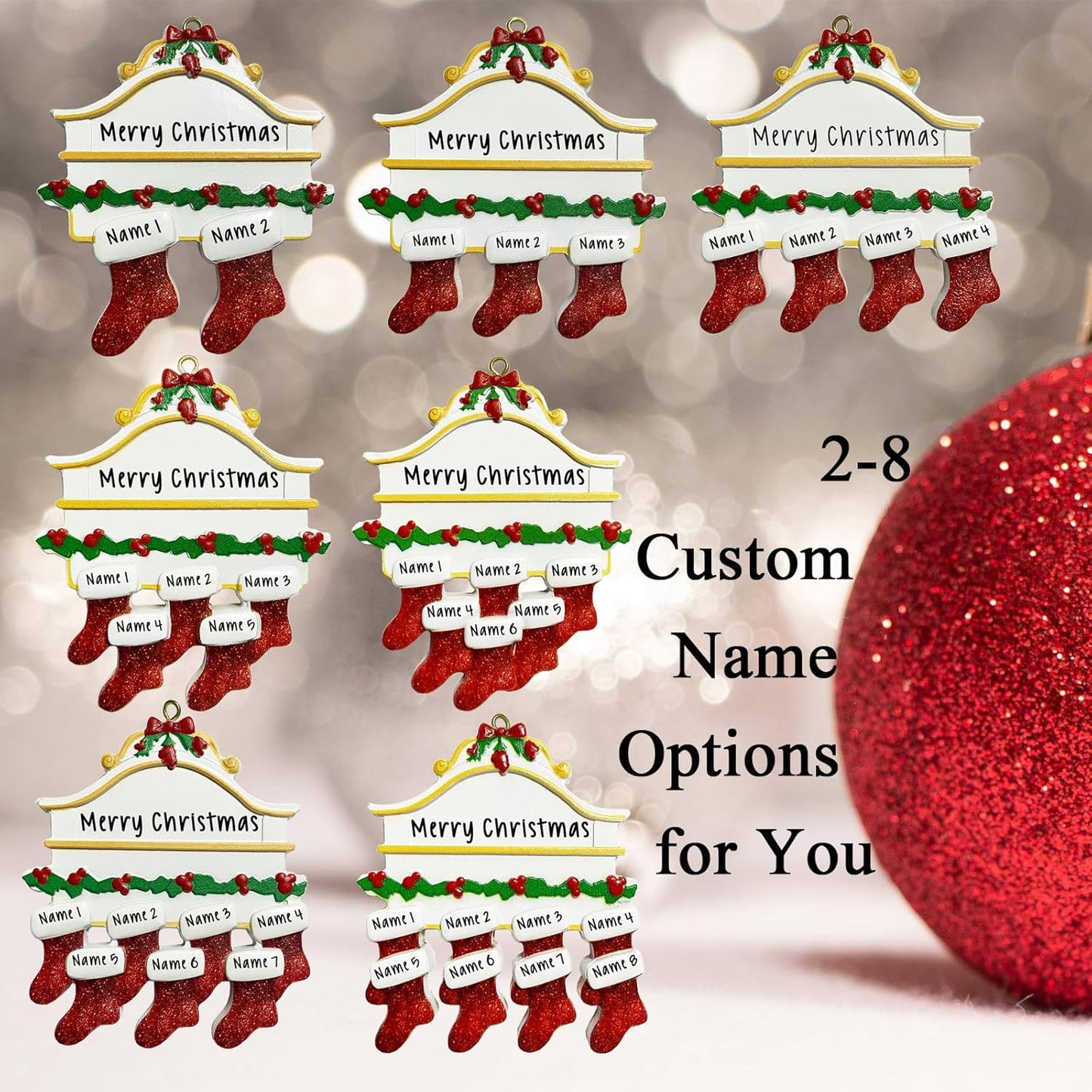 2025 Personalized Christmas Ornaments Family of 2/3/4/5/6/7/8,Custom Christmas Stoking Ornaments Deorations with Names,Customized Xmas Ornament Tree Deorations,Personalized Christmas Ornament Gifts