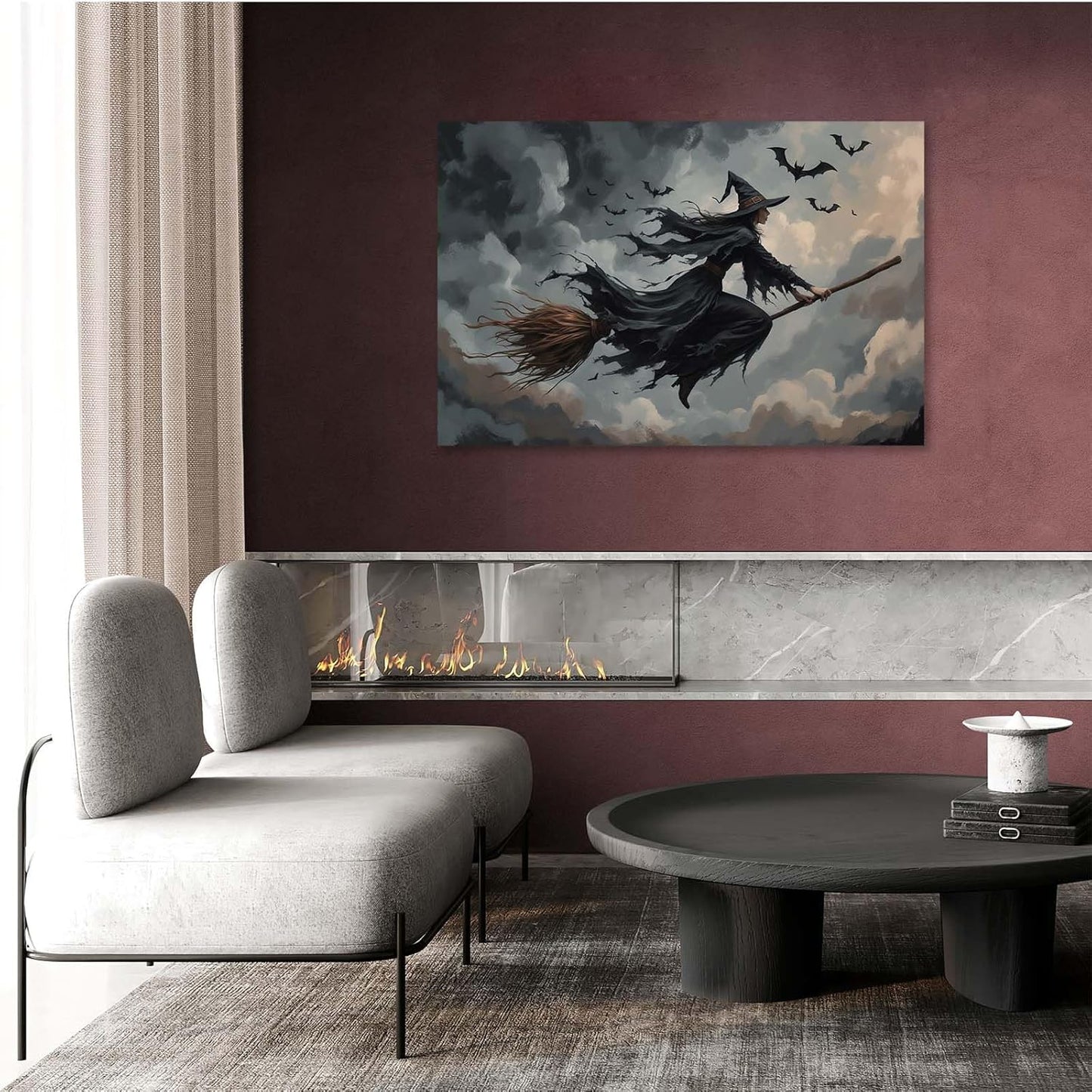 Witch and bat flying Halloween poster suitable for home party wall decoration retro Halloween preppy style wall art canvas print suitable for room decoration16x24in Wood Framed