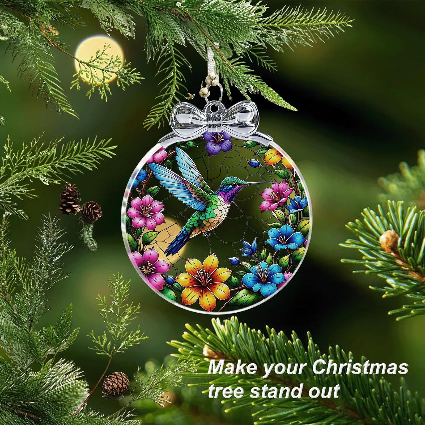 Hummingbird Stained Glass Christmas Ornament - Hanging Ornaments for Christmas Tree Decorations -Holiday Keepsake Present Exchange Idea