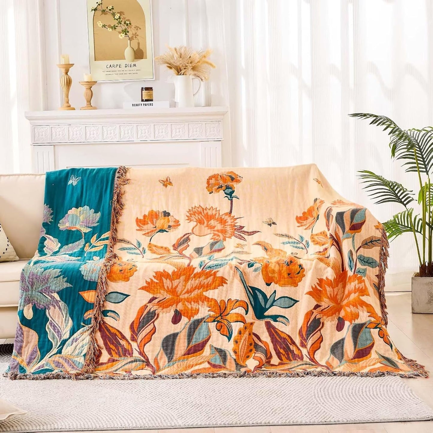 Boho Throw Blanket for Bed, 100% Cotton Soft Rustic Quilt Fall Blanket, 90"x98" Floral Printed Farmhouse Decor Bed Blankets, All Season Rustic Reversible Bohemian Throw Quilt