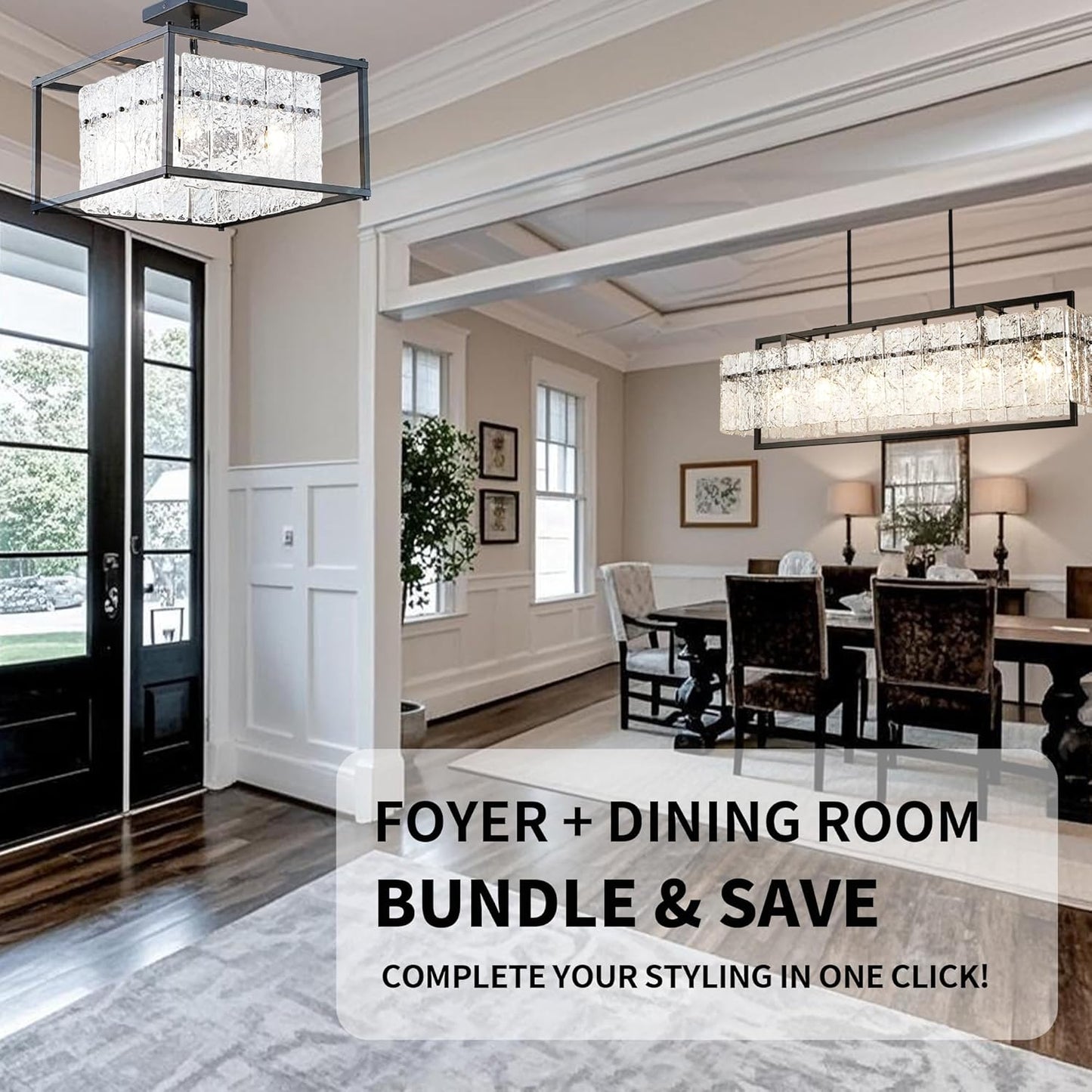 IKK Modern Foyer Chandelier, Black Crystal Chandelier for Dining Room, Square Entryway Light Fixture Hanging, Easily Adjustable Height Glass Chandeliers for Kitchen Island, Elegant Water Ripple